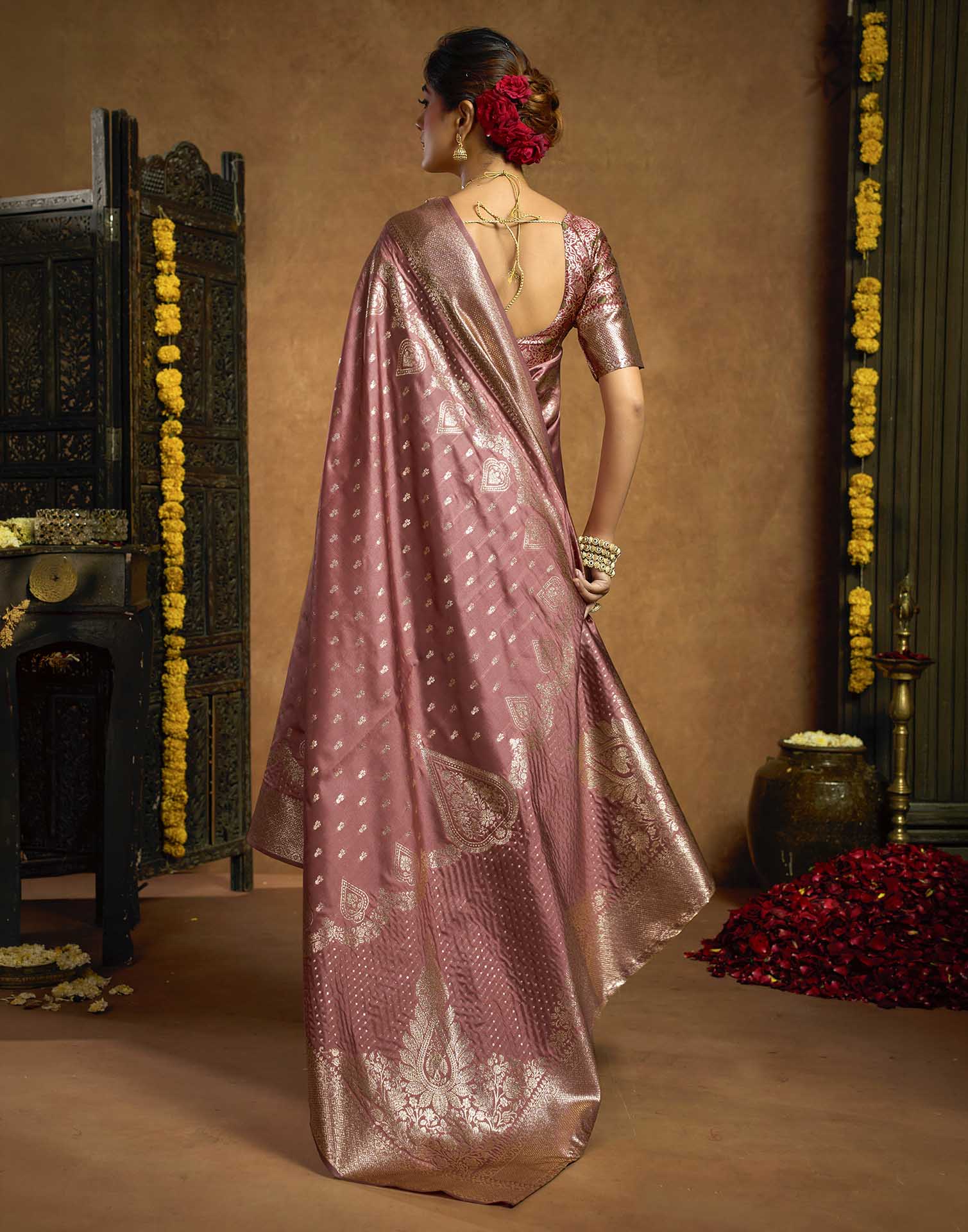 Dusty Rose Pink Silk Woven Banarasi Saree