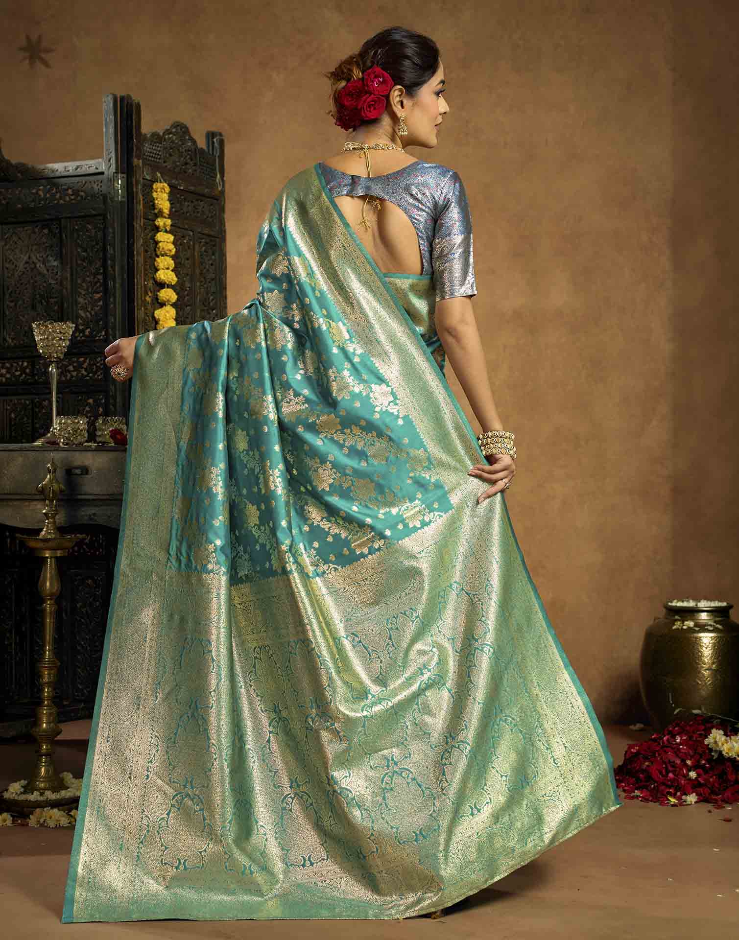 Turquoise Silk Woven Banarasi Saree