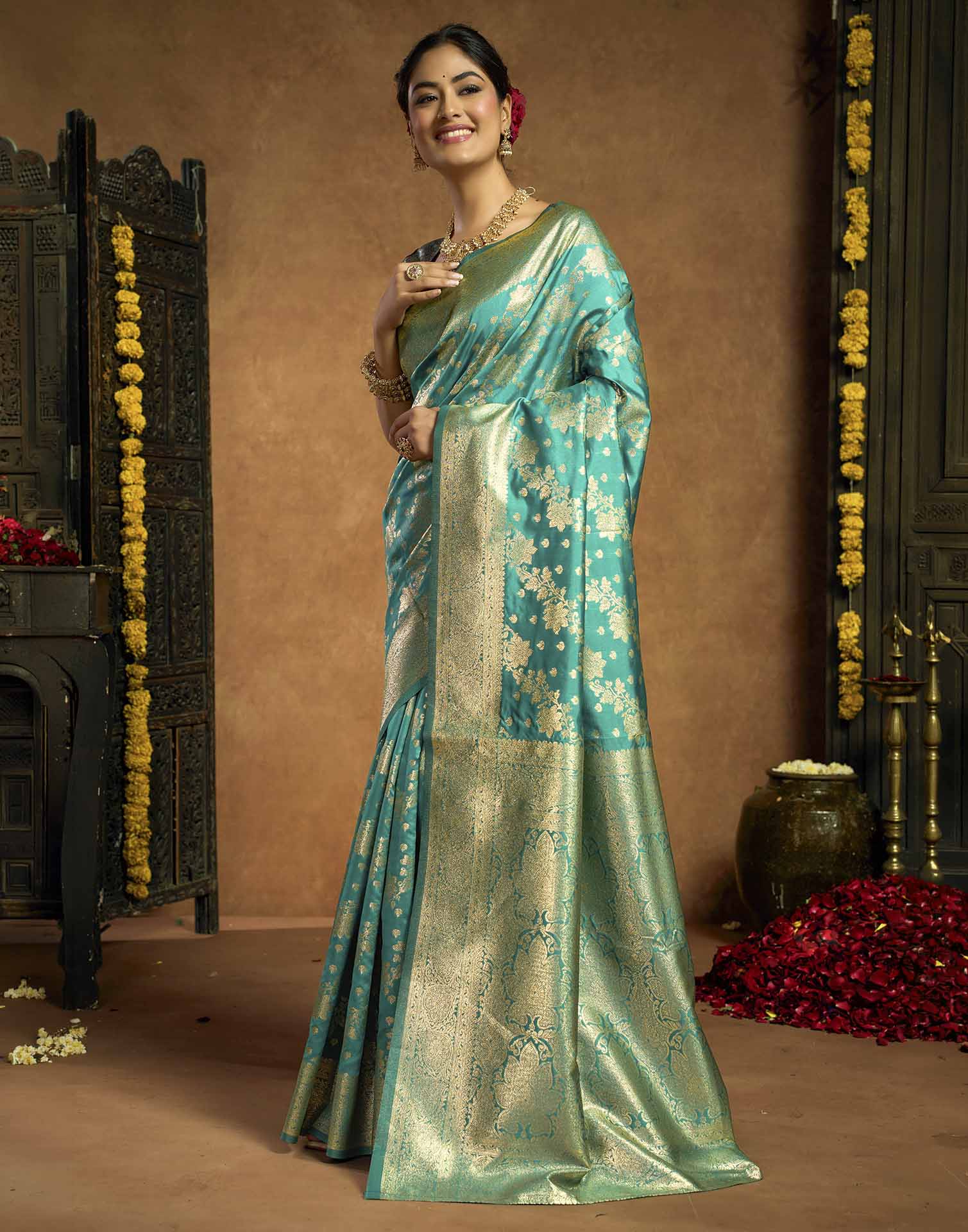 Turquoise Silk Woven Banarasi Saree