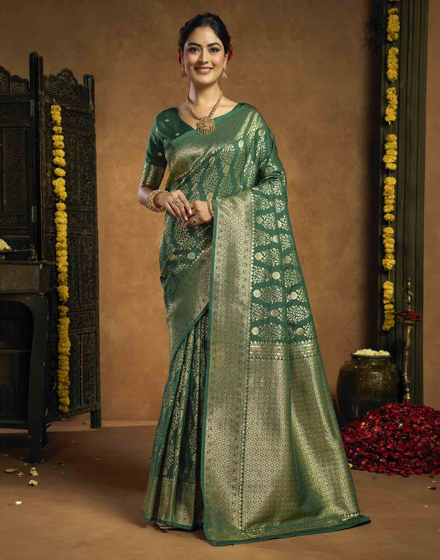 Dark Green Silk Woven Banarasi Saree