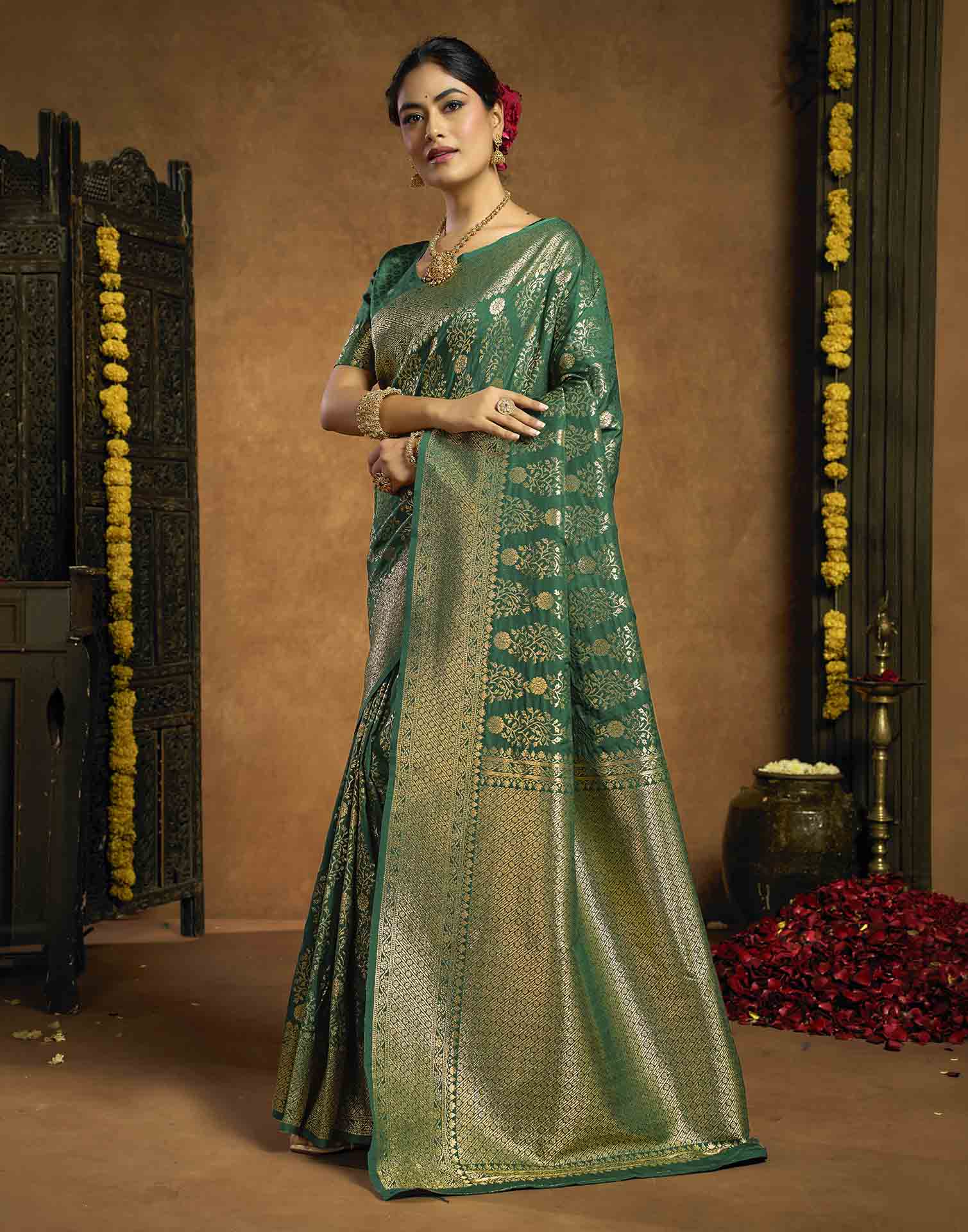 Dark Green Silk Woven Banarasi Saree