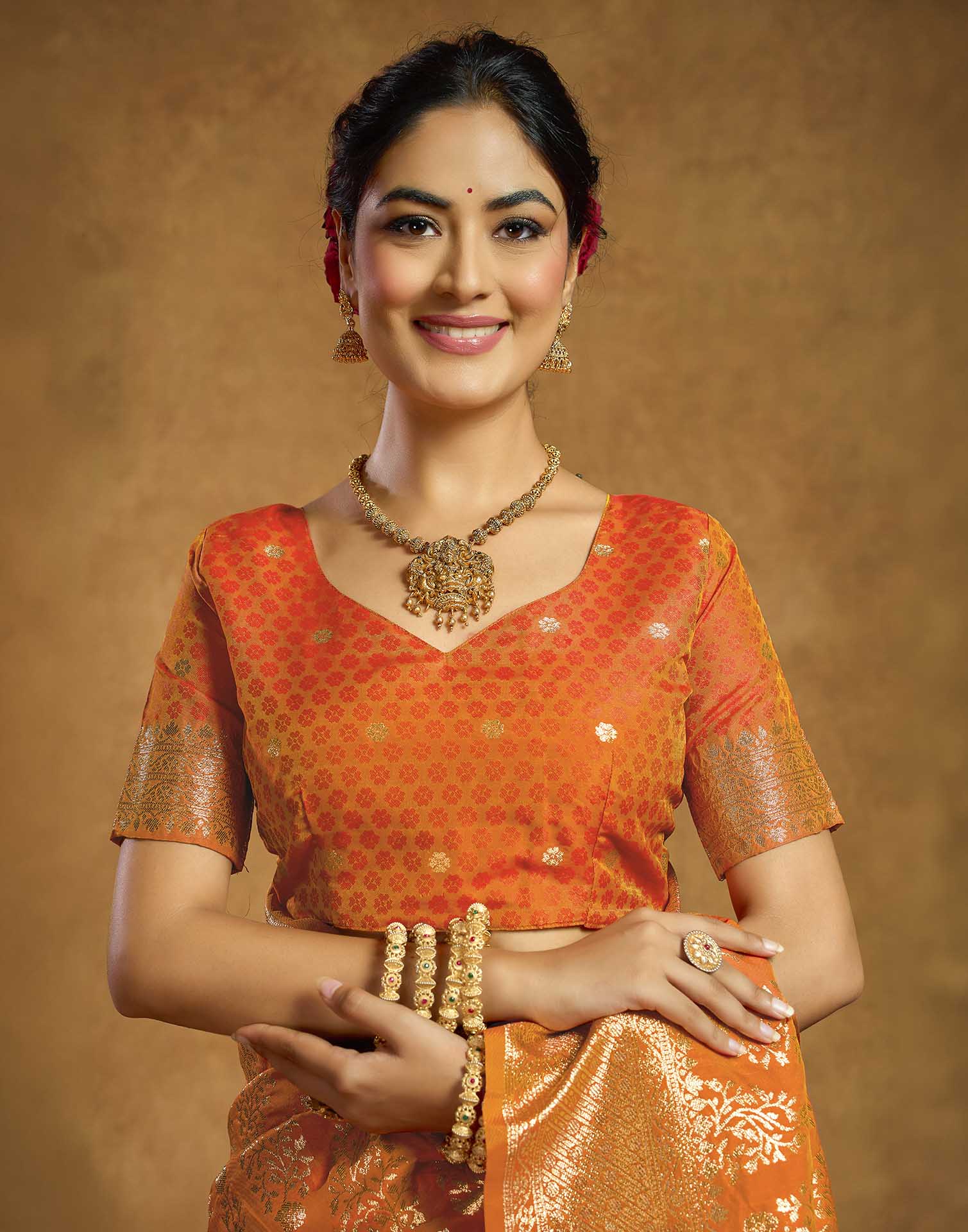 Orange Silk Woven Banarasi Saree