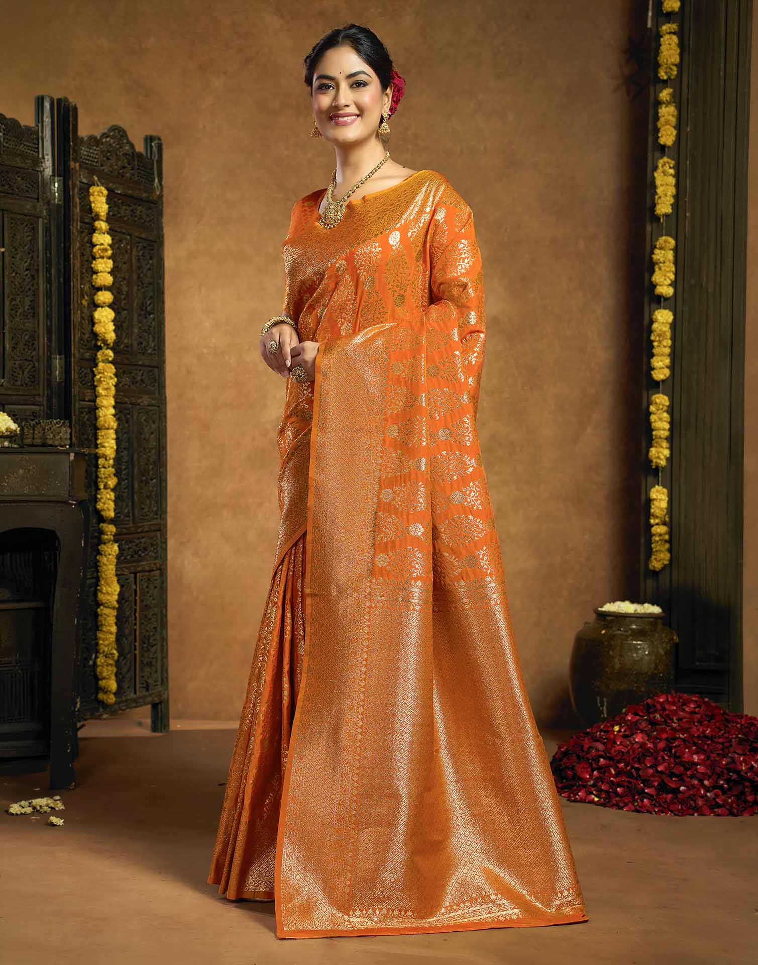 Orange Silk Woven Banarasi Saree