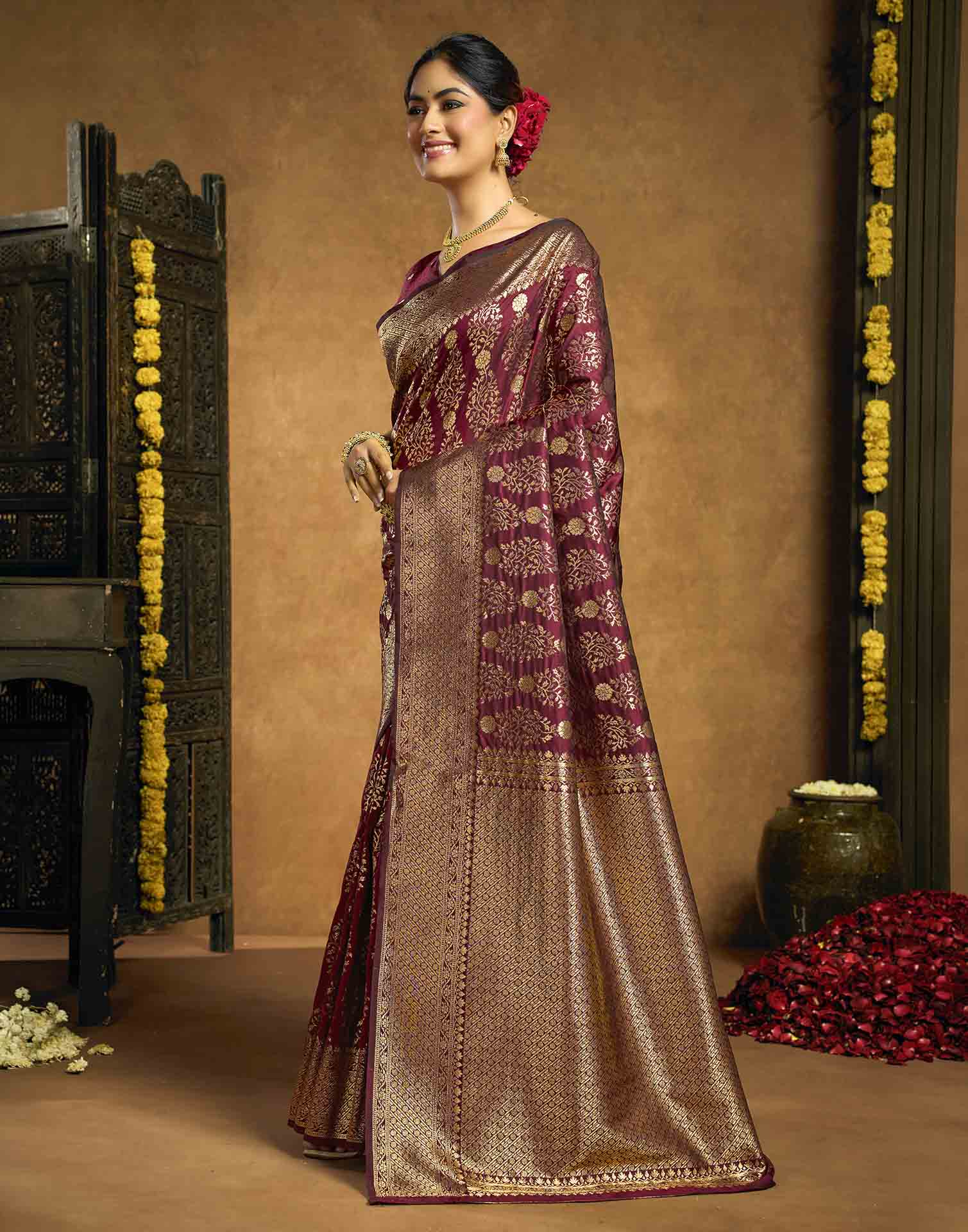 Burgundy Silk Woven Banarasi Saree
