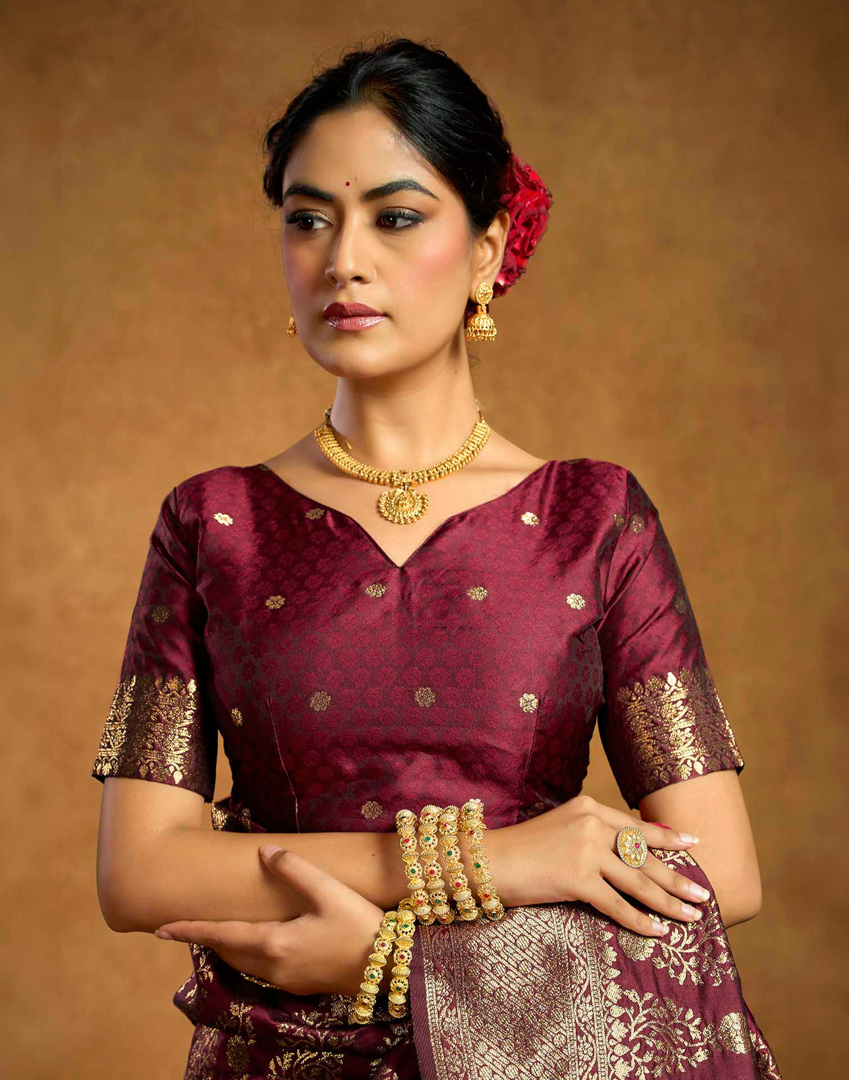 Burgundy Silk Woven Banarasi Saree