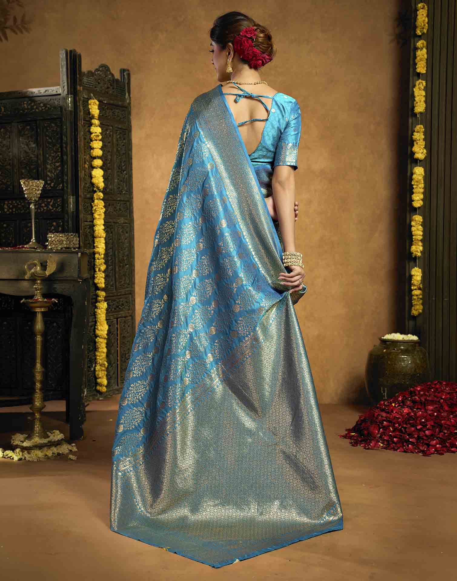 Teal Blue Silk Woven Banarasi Saree