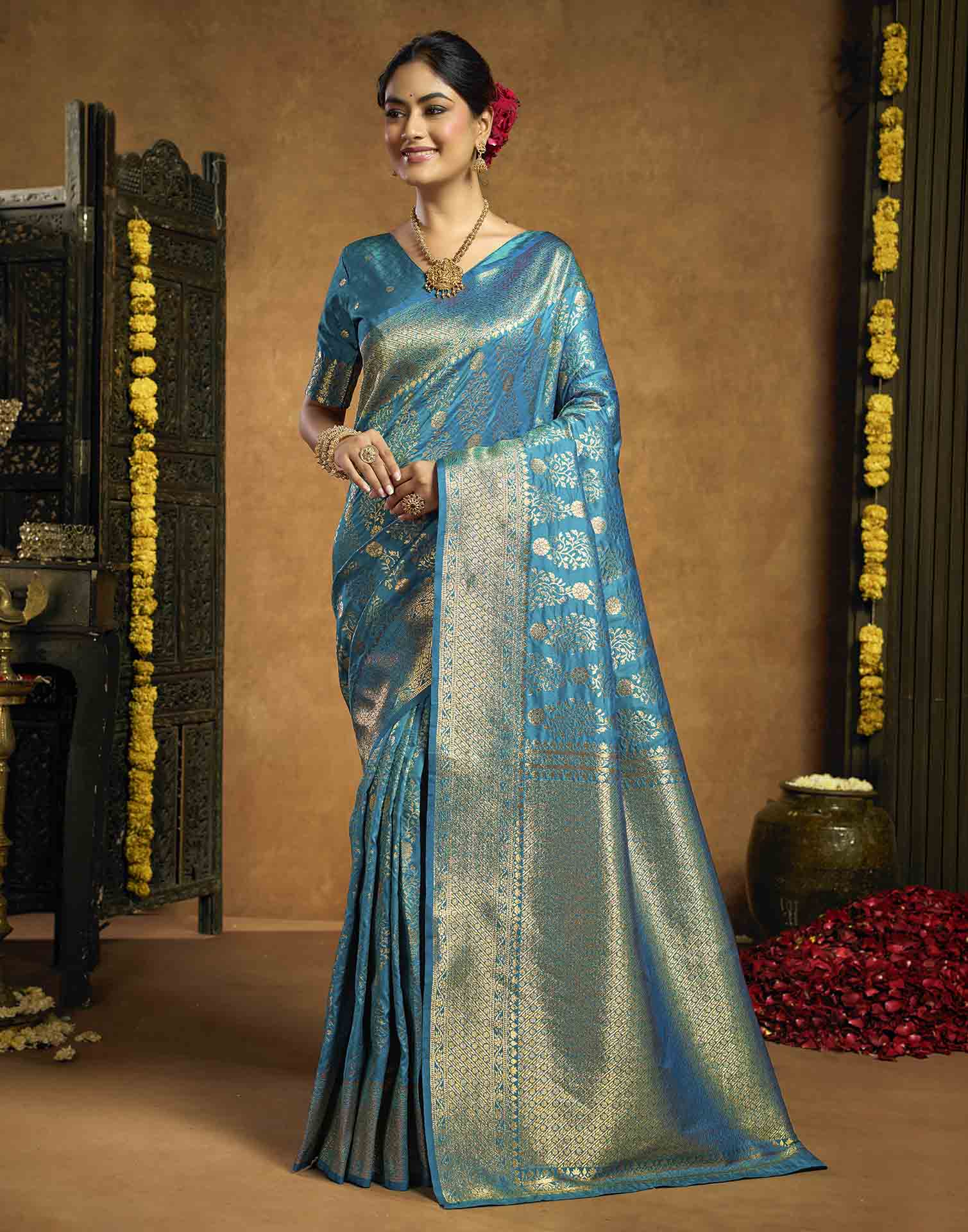 Teal Blue Silk Woven Banarasi Saree