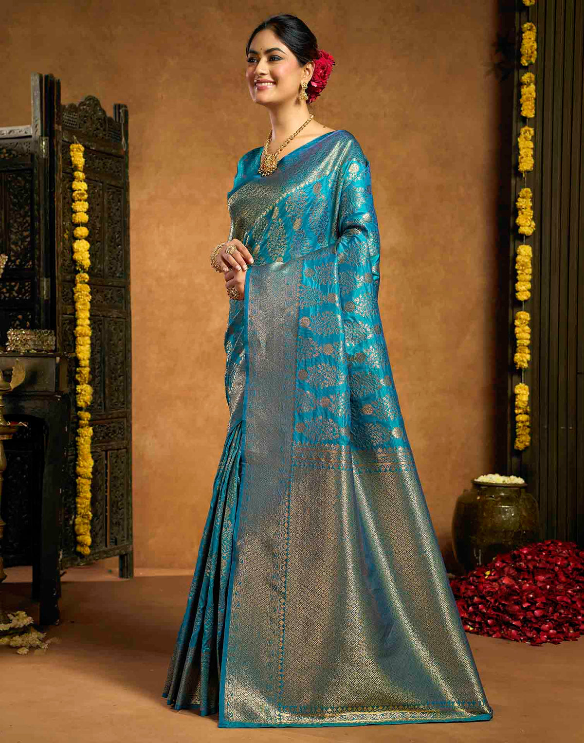 Teal Blue Silk Woven Banarasi Saree
