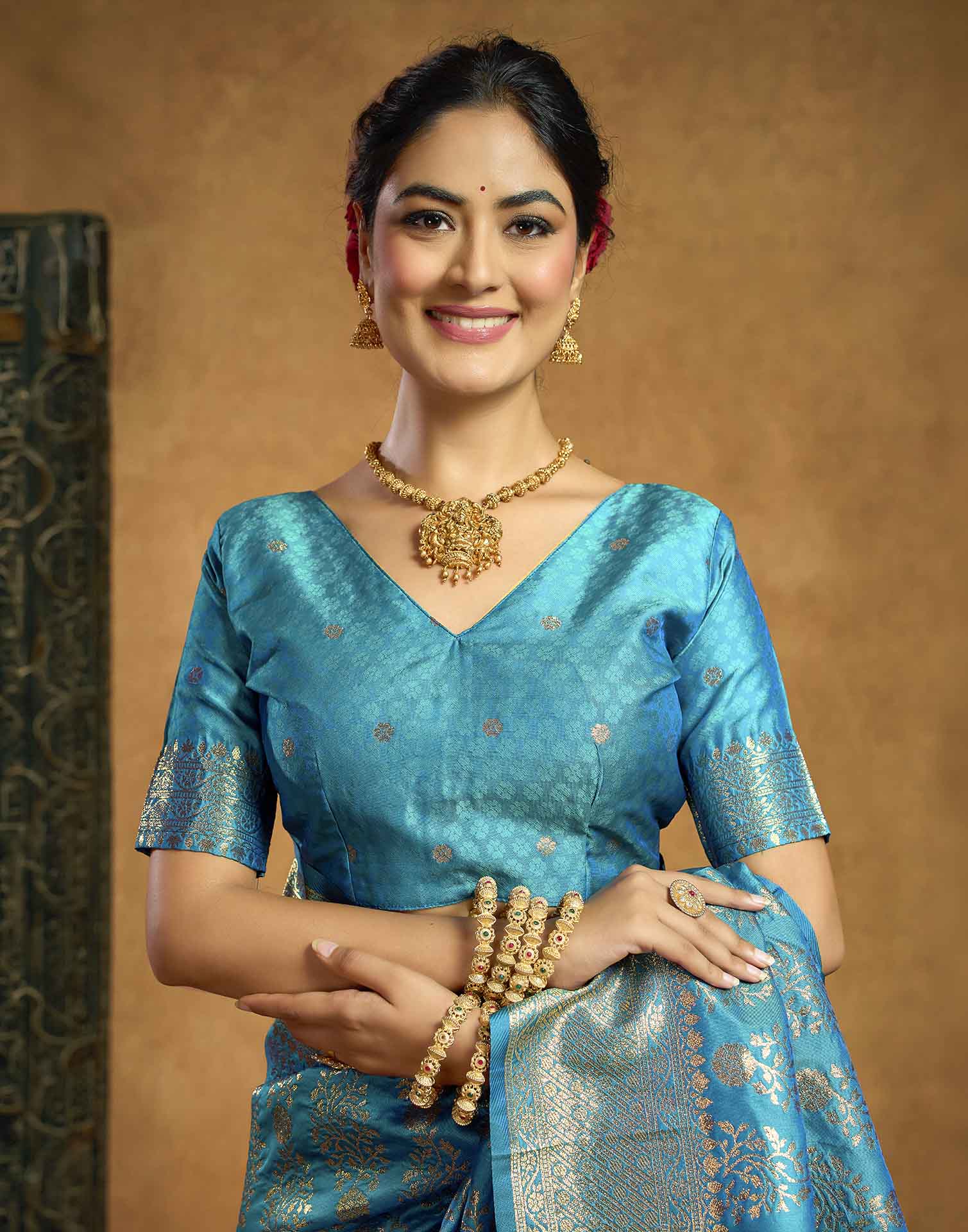 Teal Blue Silk Woven Banarasi Saree