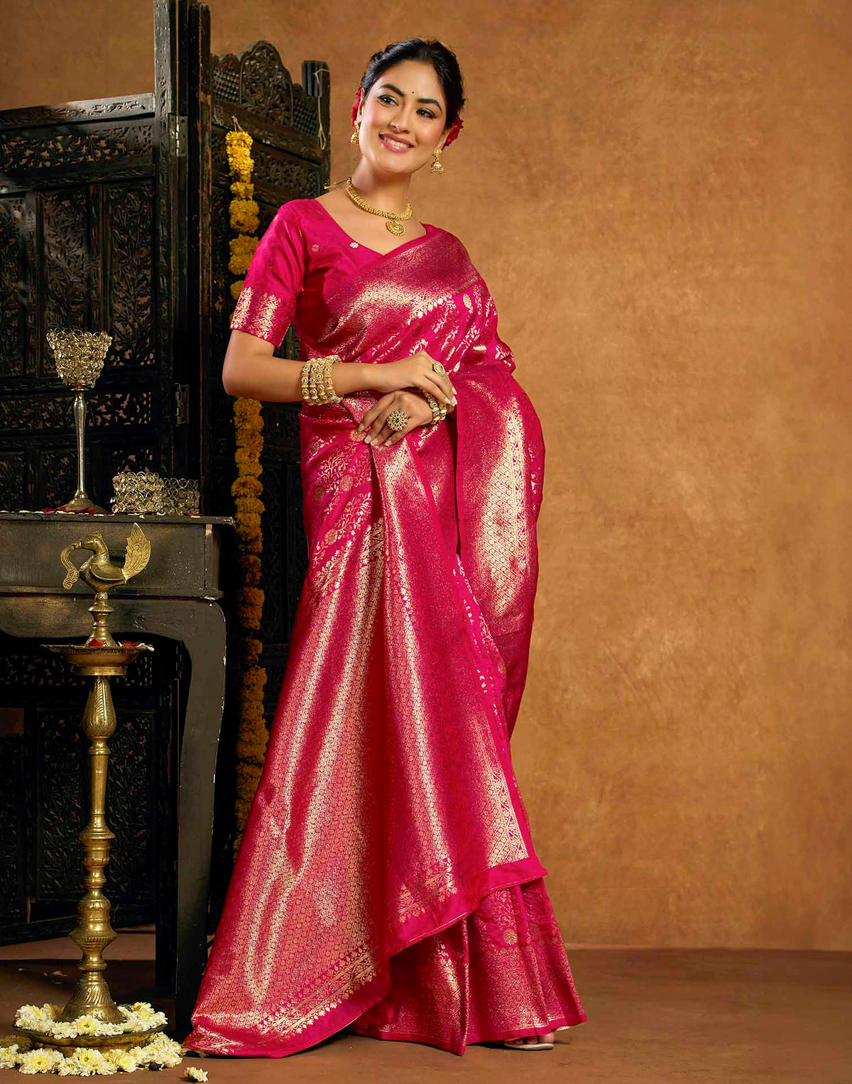 Rani Pink Silk Woven Banarasi Saree