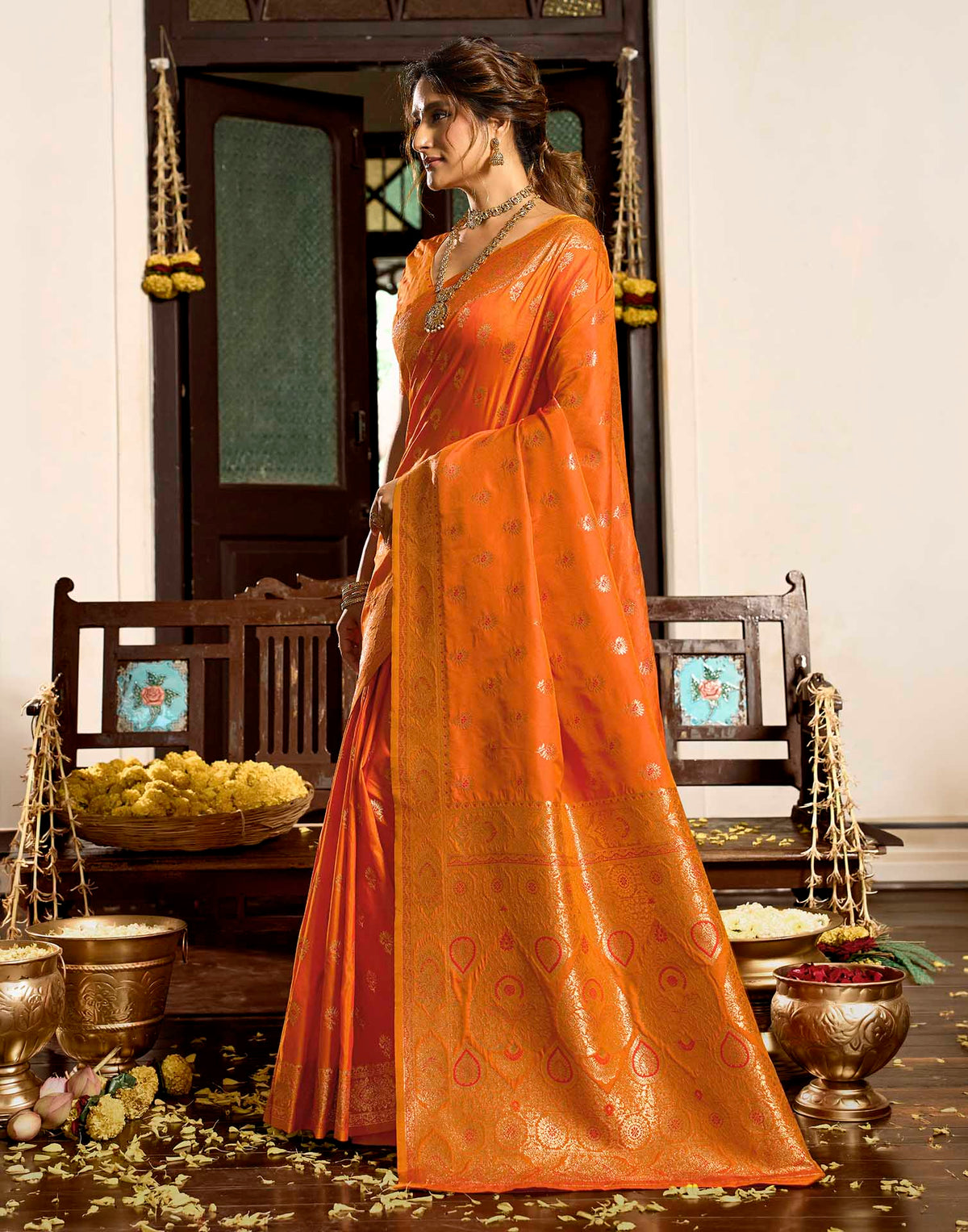 Orange Silk Woven Banarasi Saree
