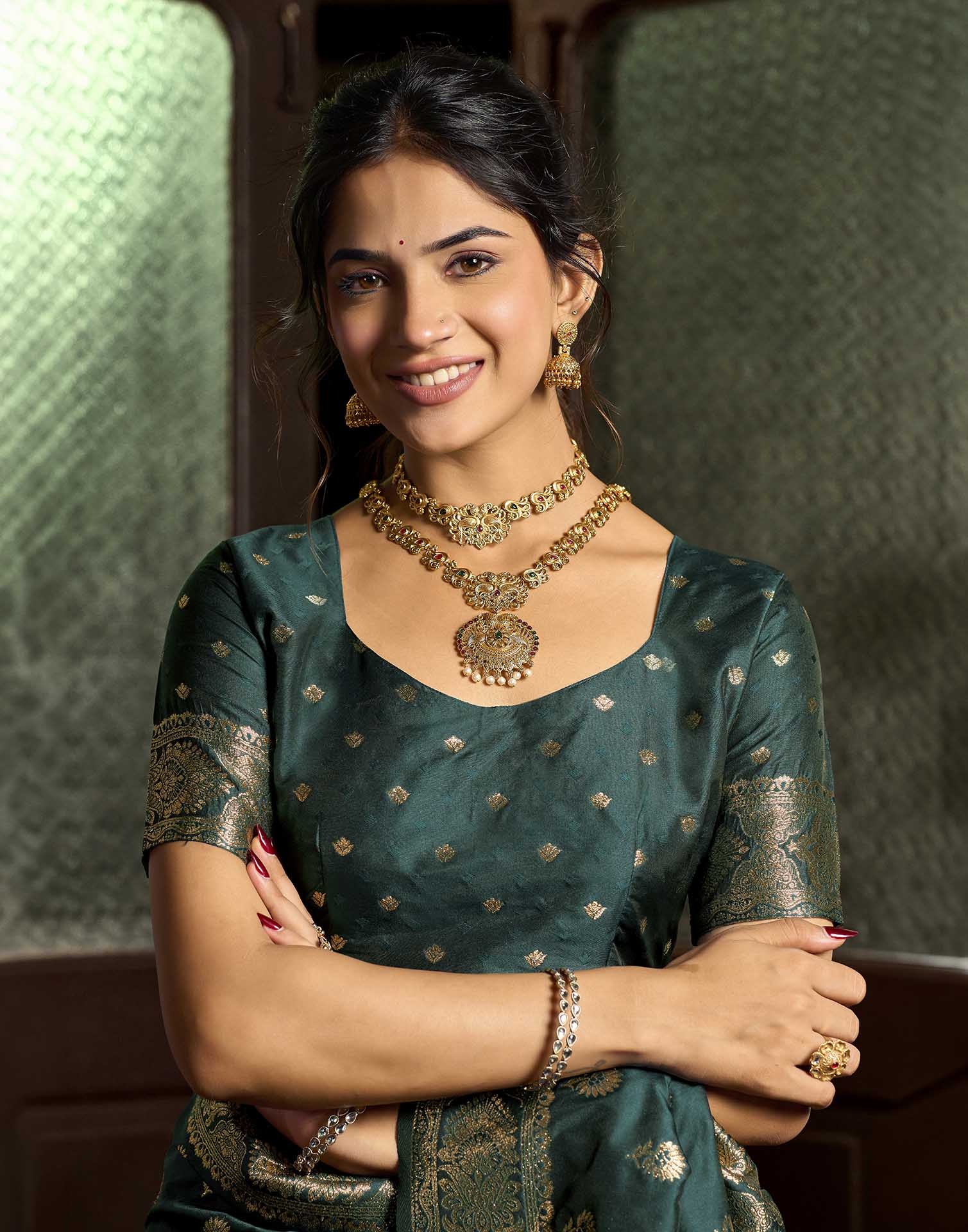 Bottle Green Silk Woven Banarasi Saree
