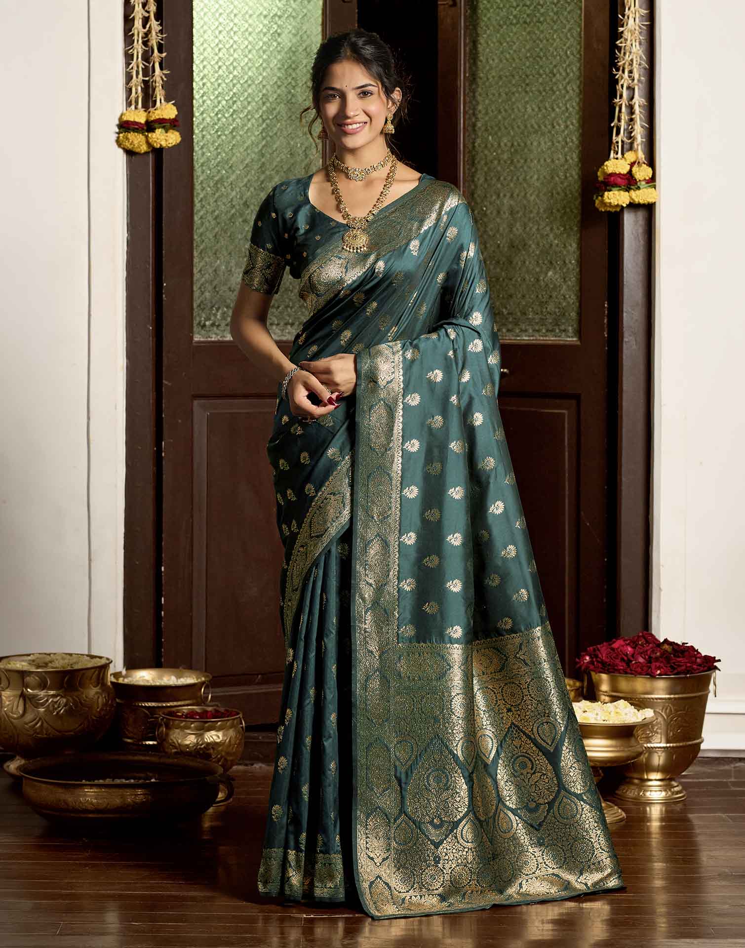 Bottle Green Silk Woven Banarasi Saree
