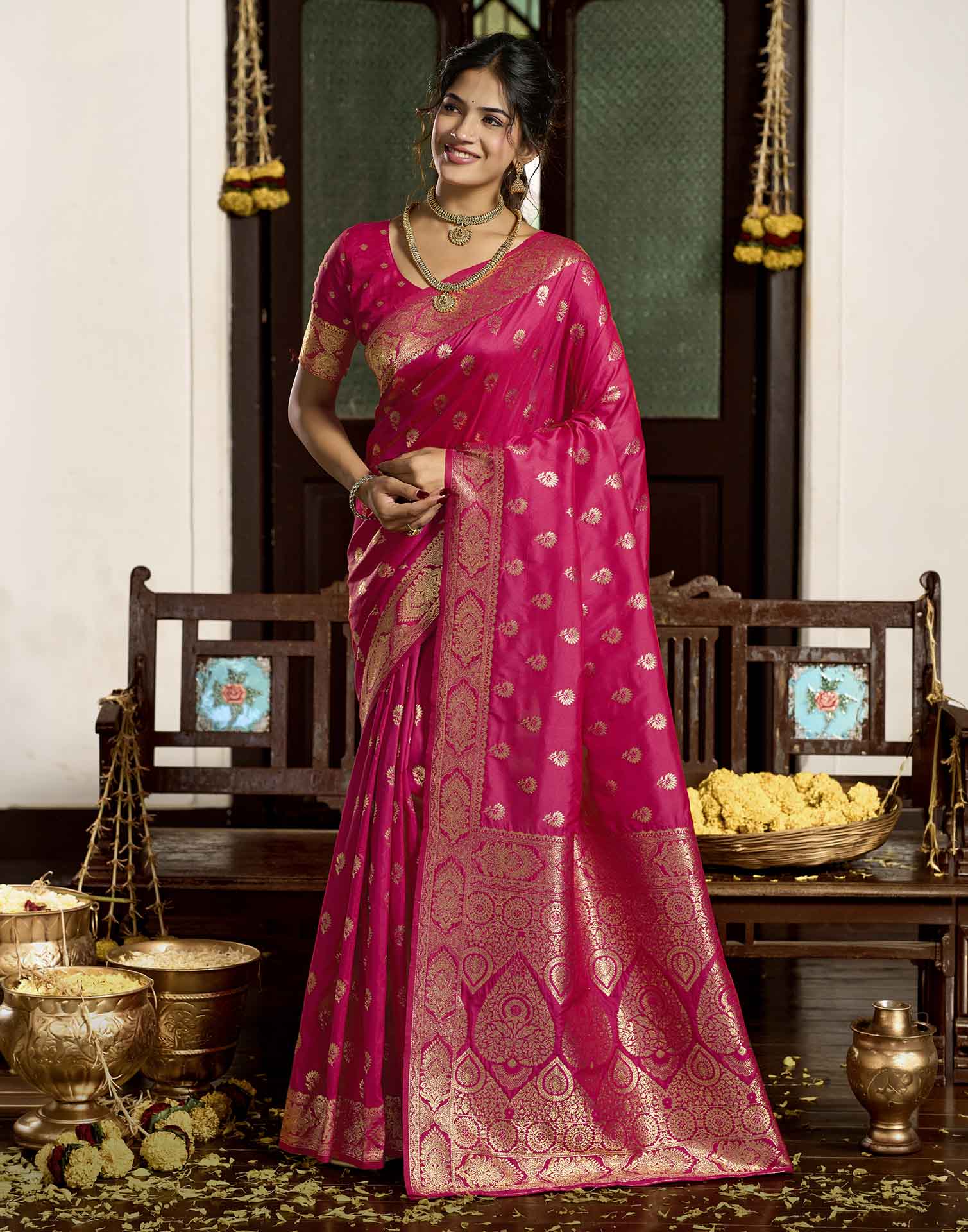 Rani Pink Silk Woven Banarasi Saree