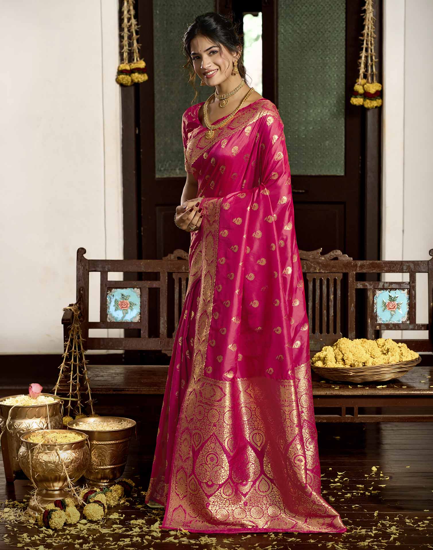 Rani Pink Silk Woven Banarasi Saree