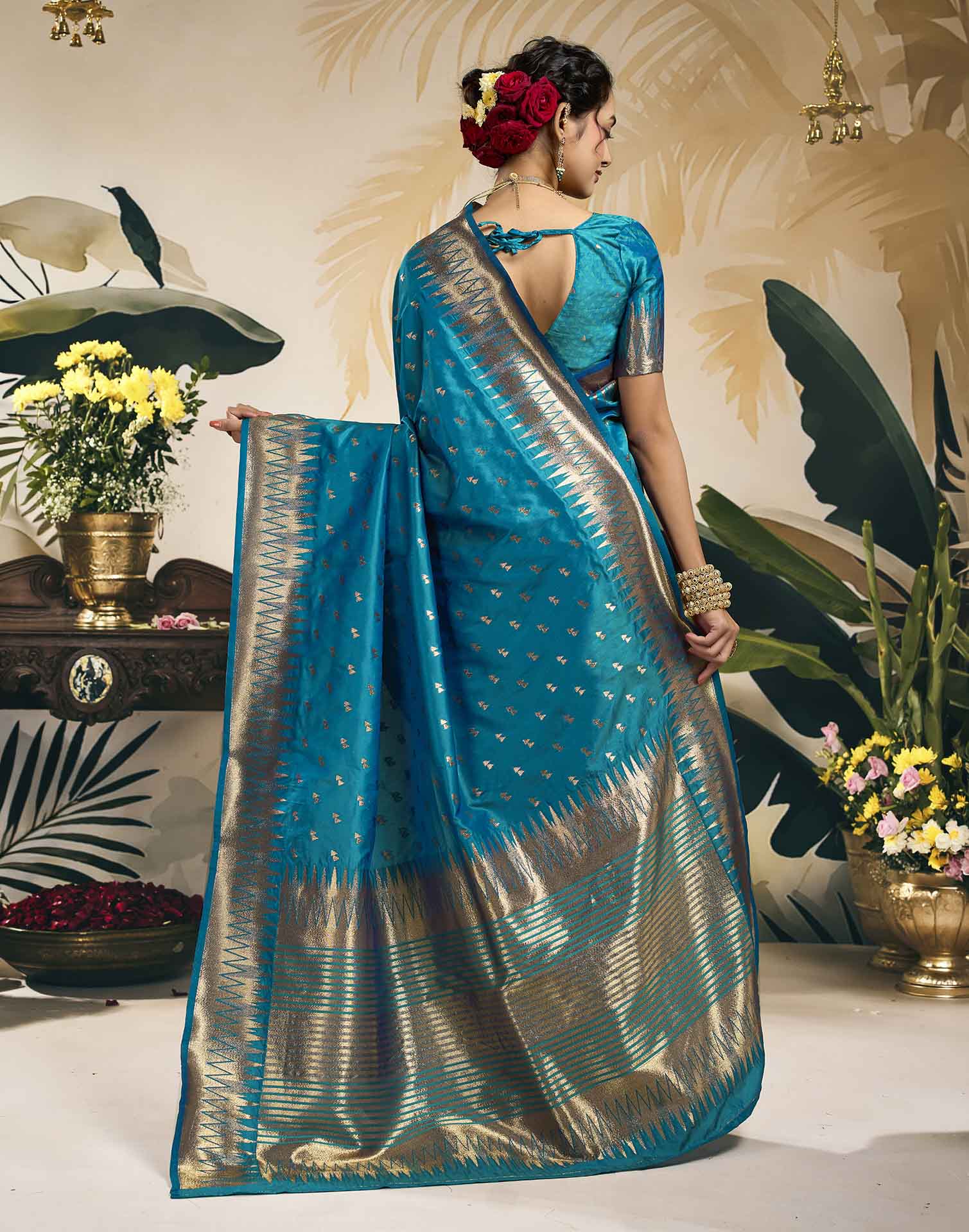 Teal Blue Silk Woven Banarasi Saree