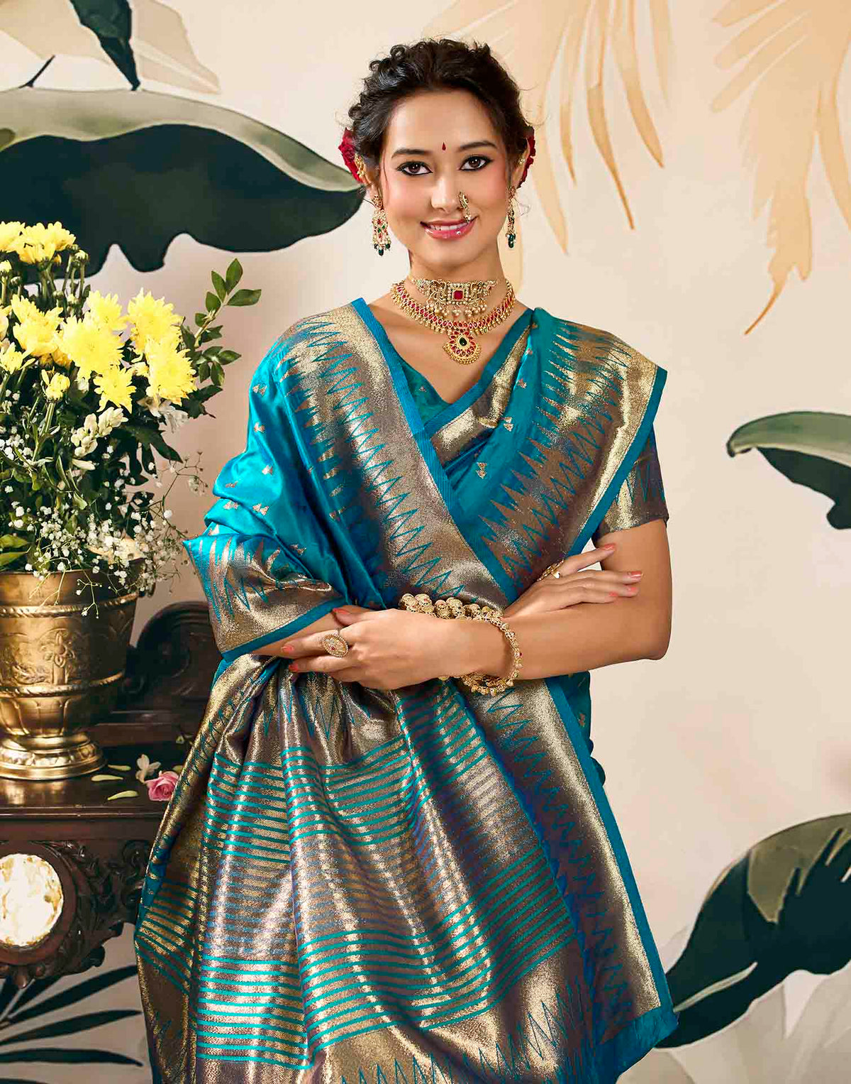 Teal Blue Silk Woven Banarasi Saree