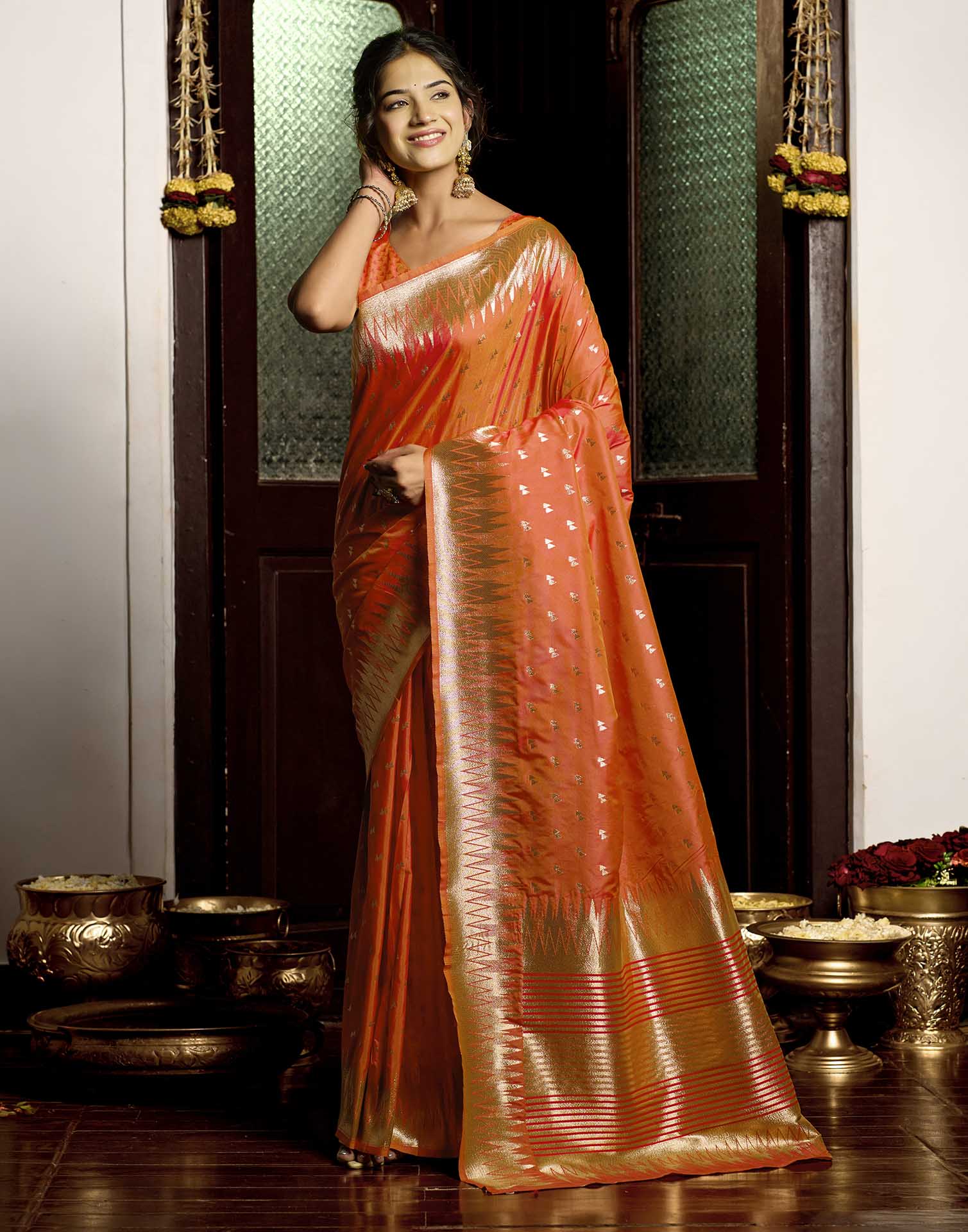 Orange Silk Woven Banarasi Saree