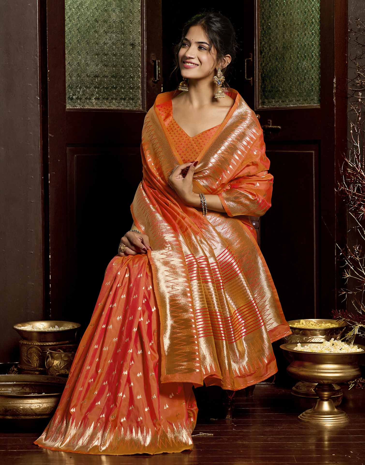 Orange Silk Woven Banarasi Saree