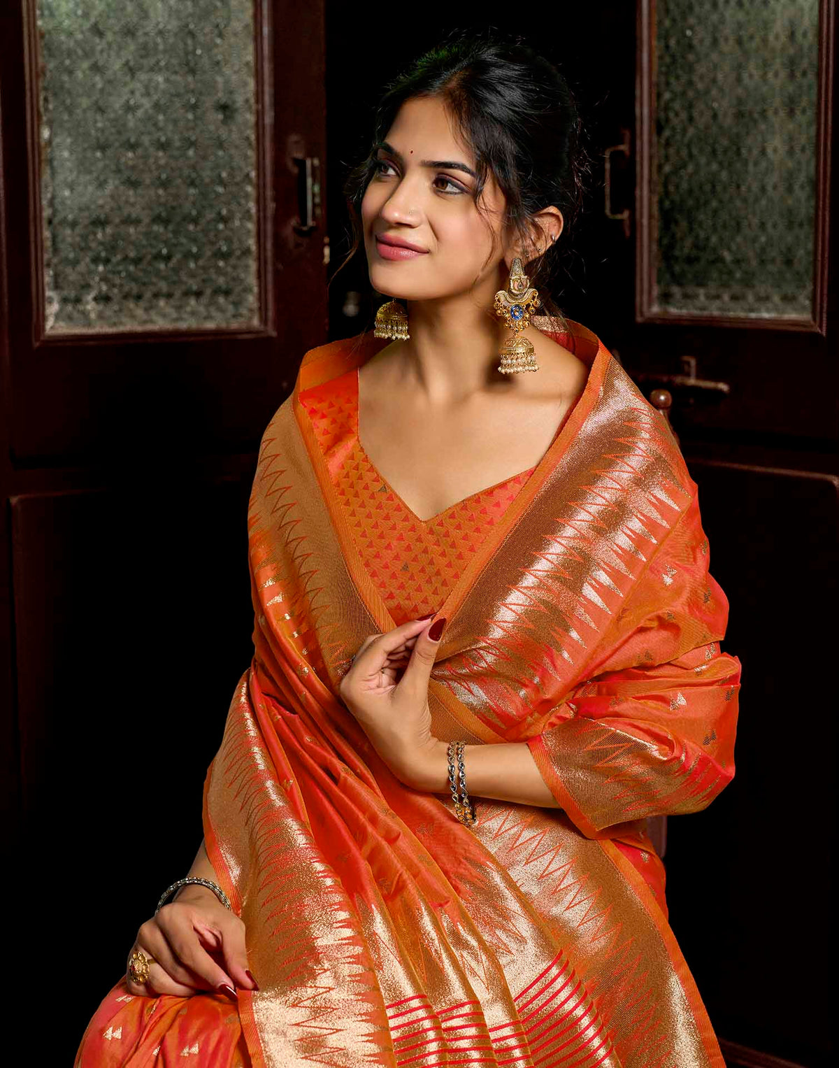Orange Silk Woven Banarasi Saree