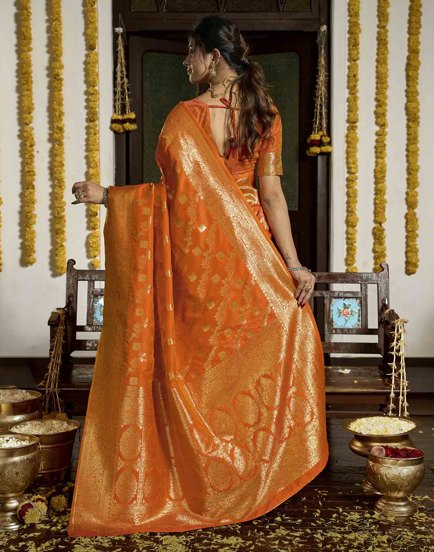 Orange Silk Woven Banarasi Saree