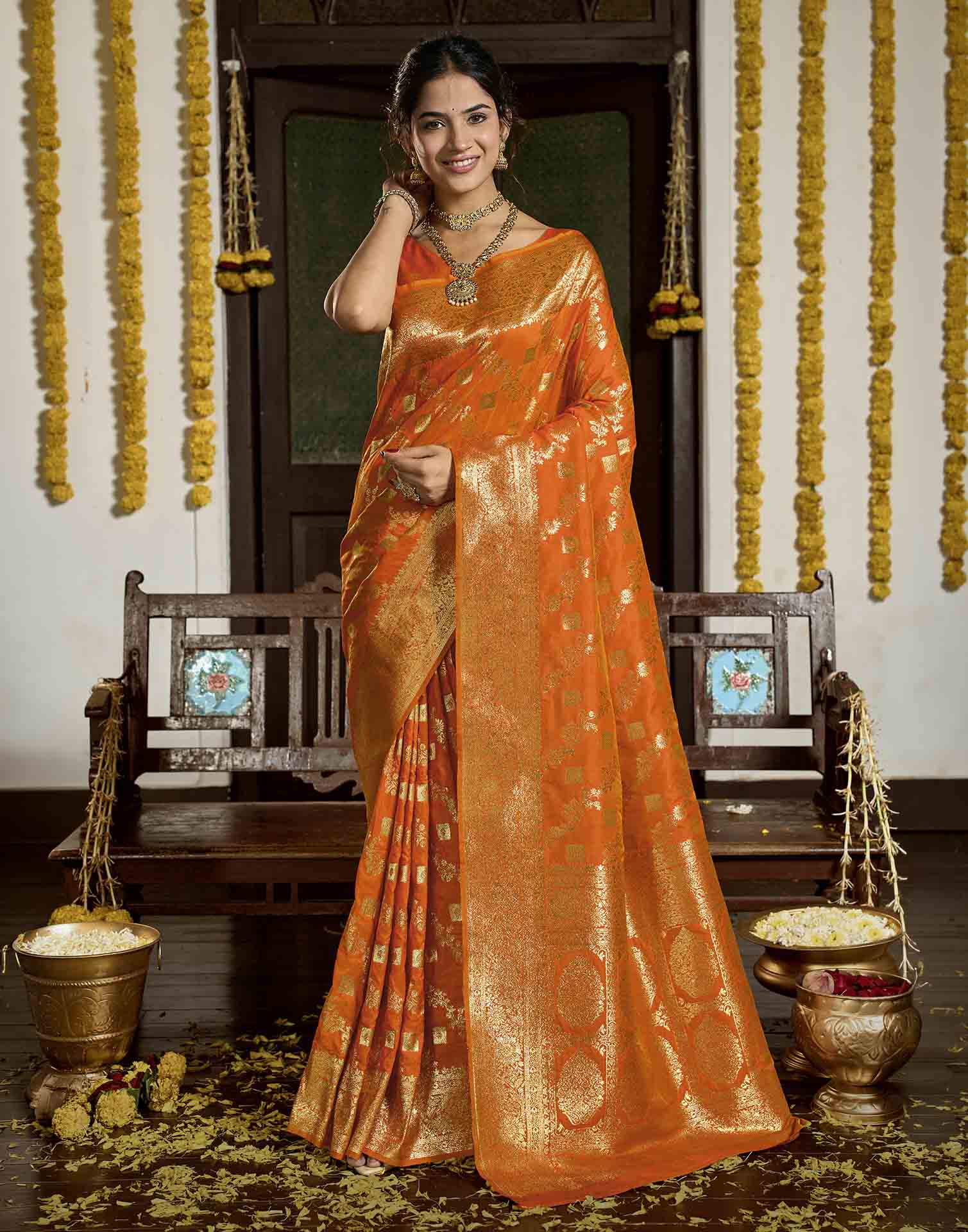 Orange Silk Woven Banarasi Saree
