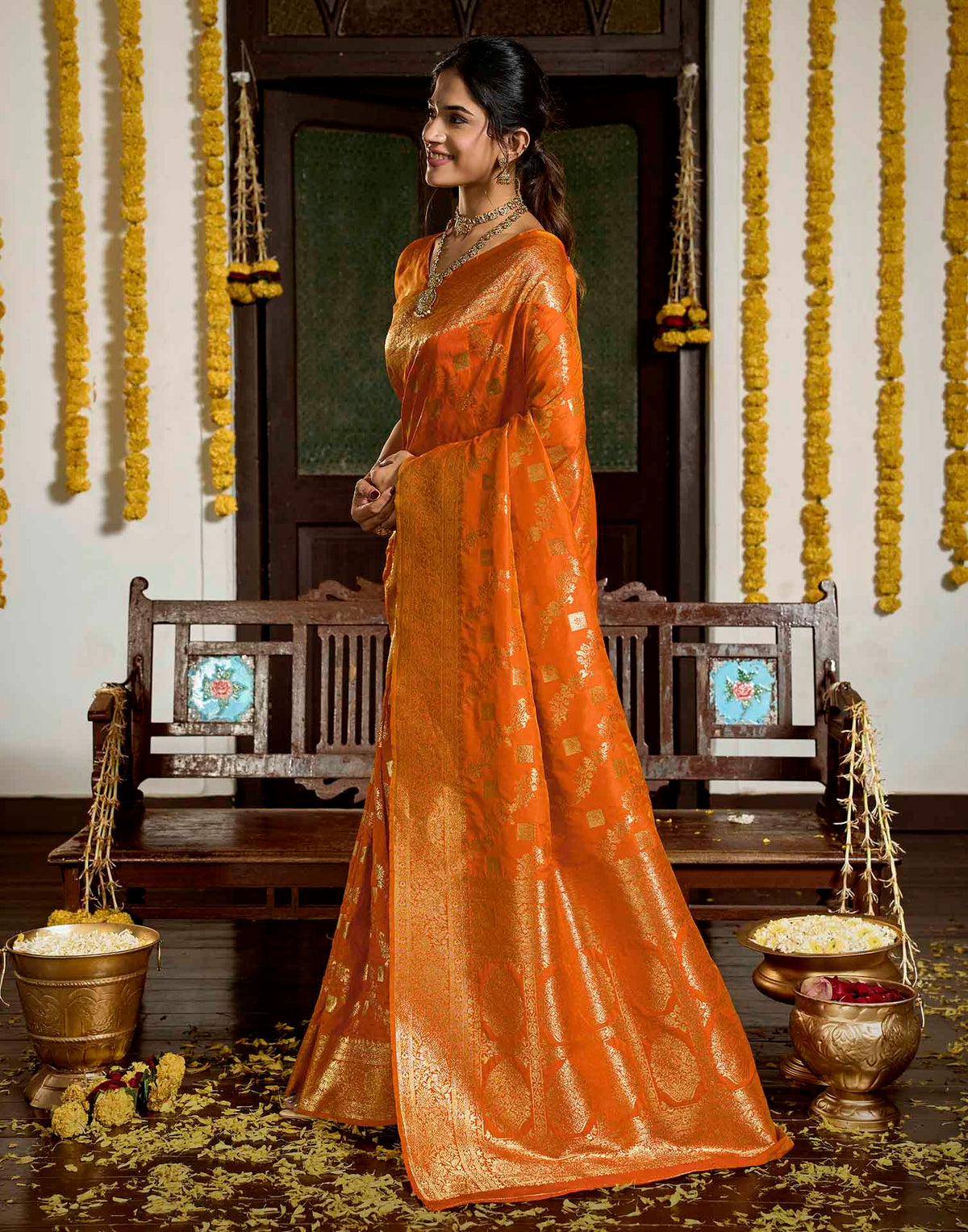 Orange Silk Woven Banarasi Saree