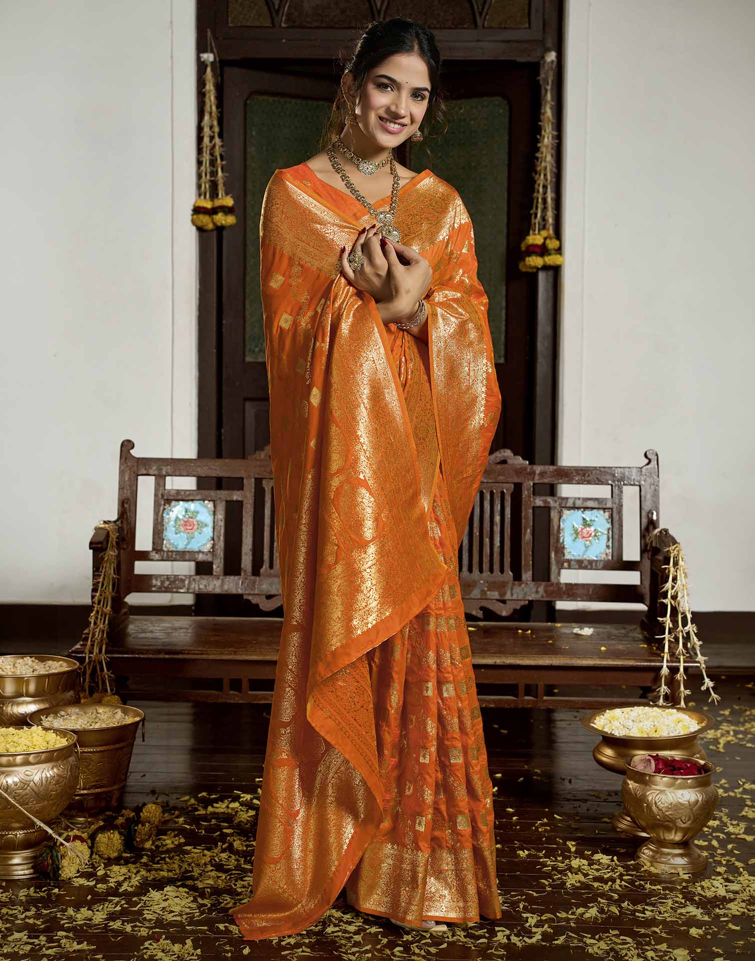 Orange Silk Woven Banarasi Saree