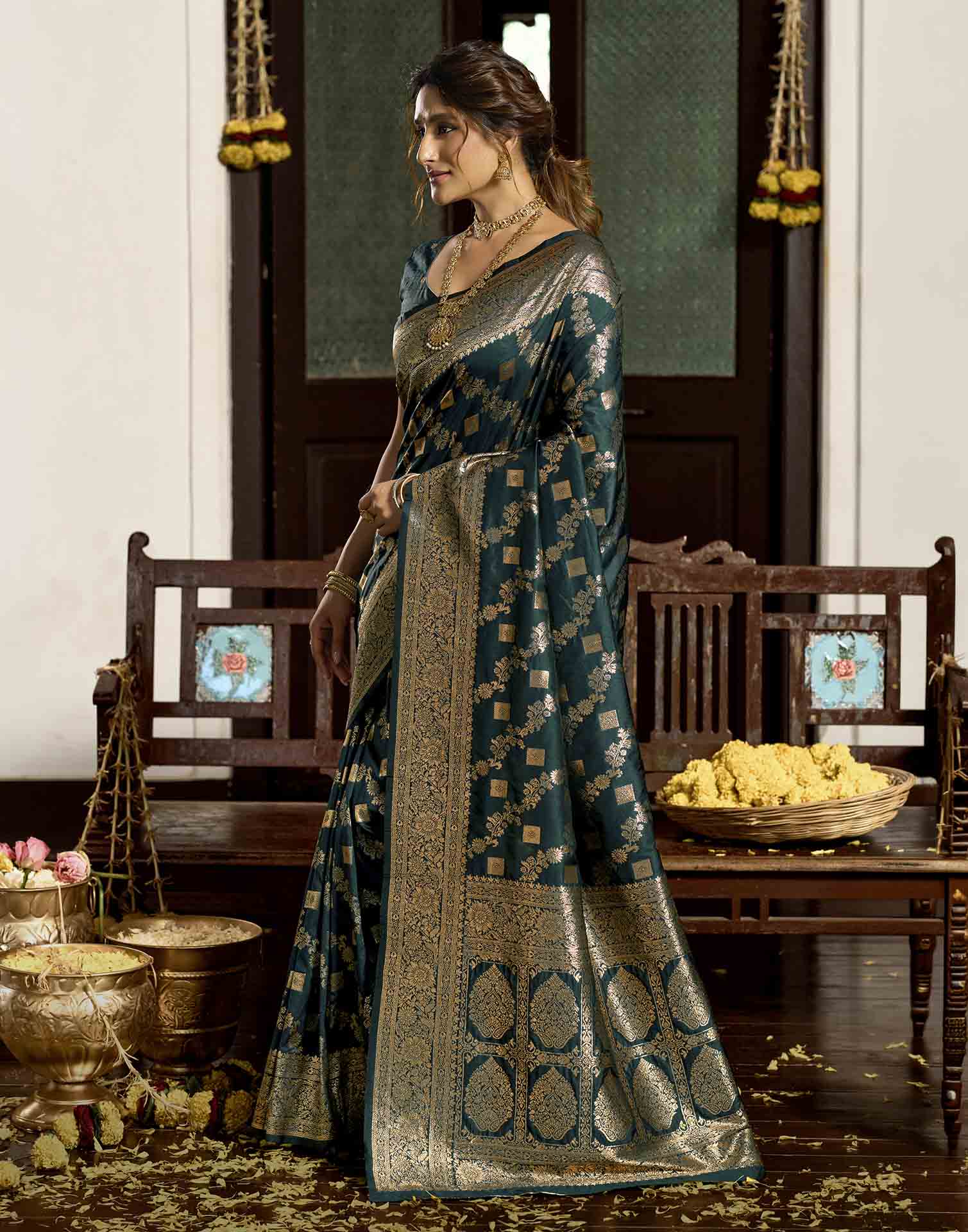 Bottle Green Silk Woven Banarasi Saree