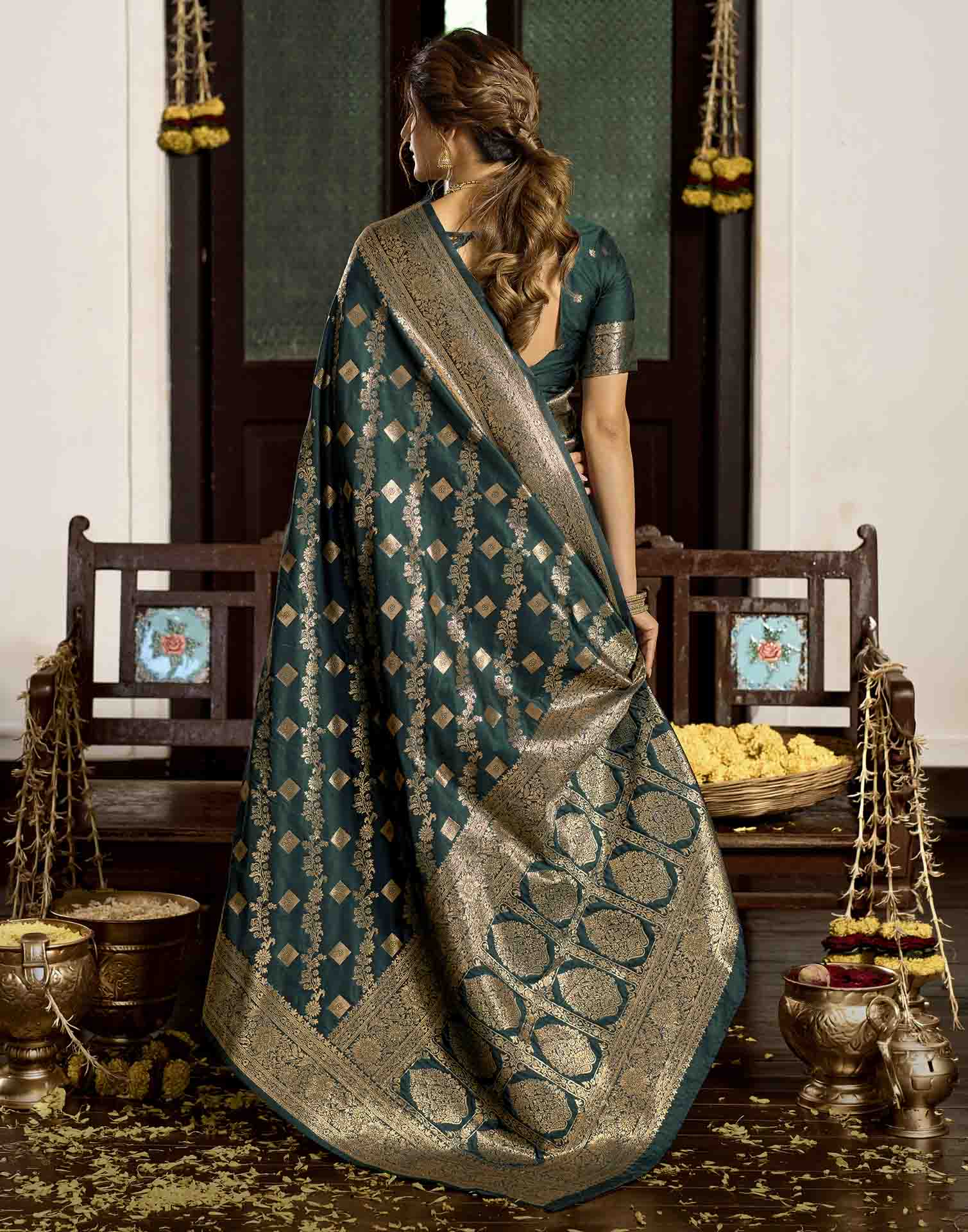 Bottle Green Silk Woven Banarasi Saree