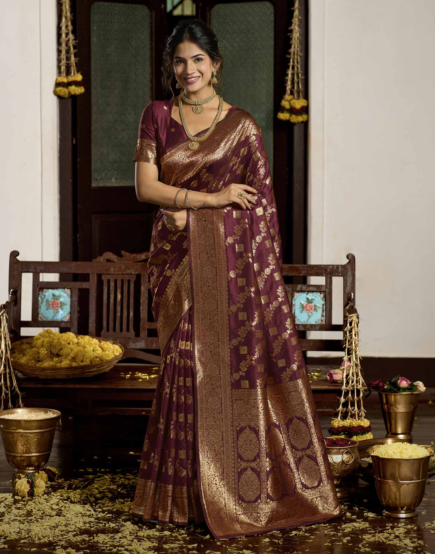 Maroon Silk Woven Banarasi Saree