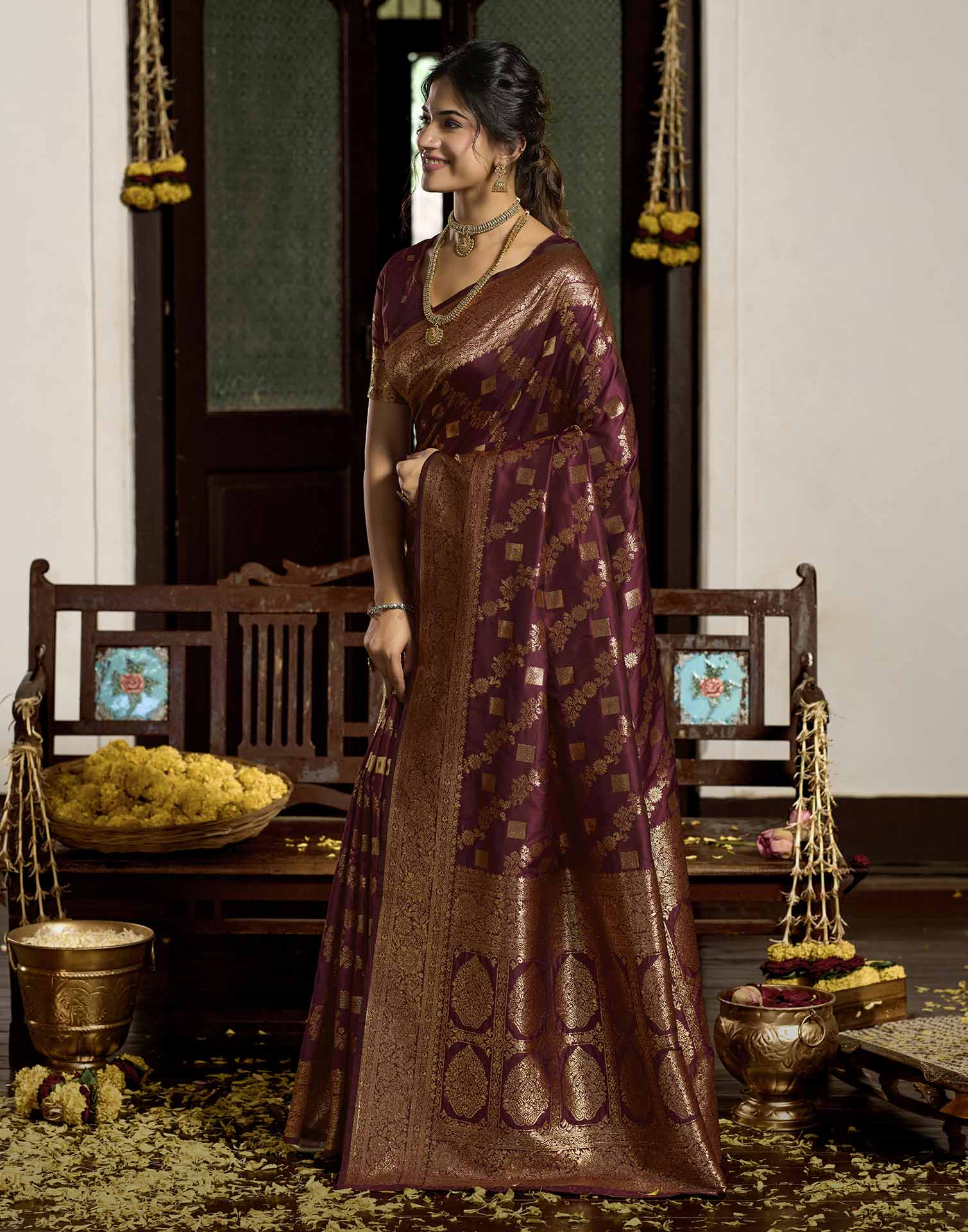 Maroon Silk Woven Banarasi Saree