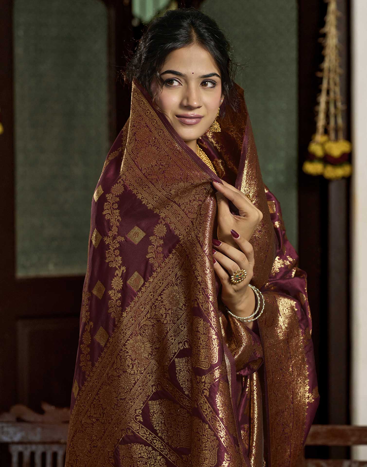 Maroon Silk Woven Banarasi Saree