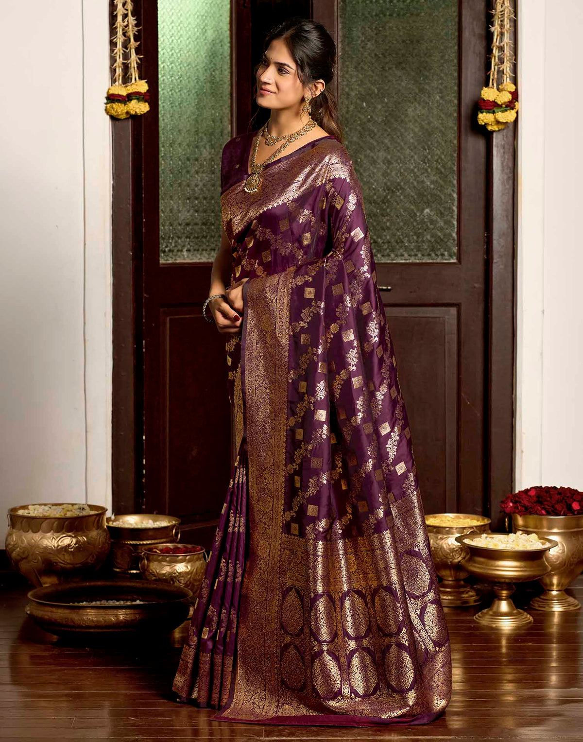 Wine Silk Woven Banarasi Saree