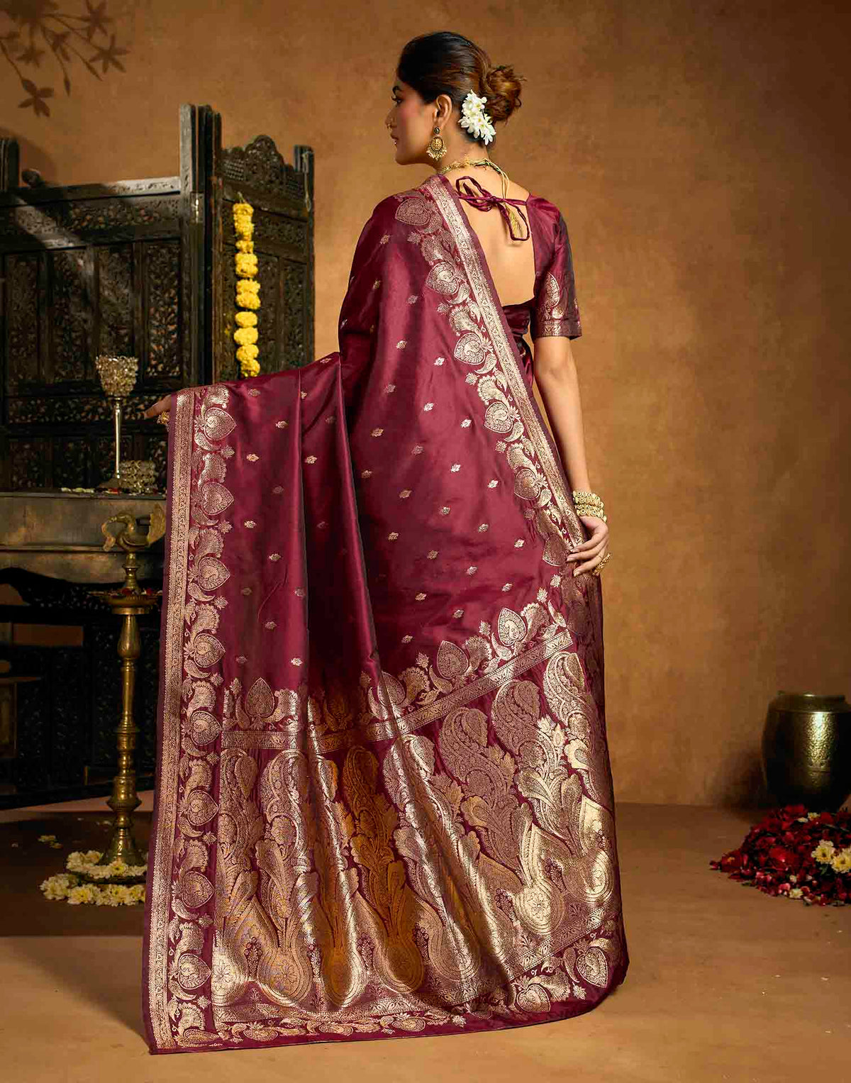 Maroon Silk Woven Banarasi Saree