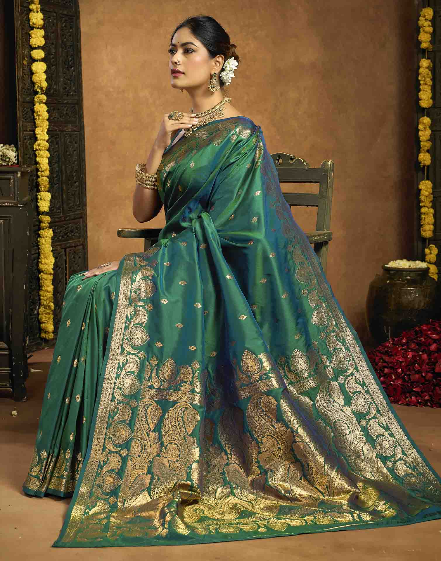 Bottle Green Silk Woven Banarasi Saree