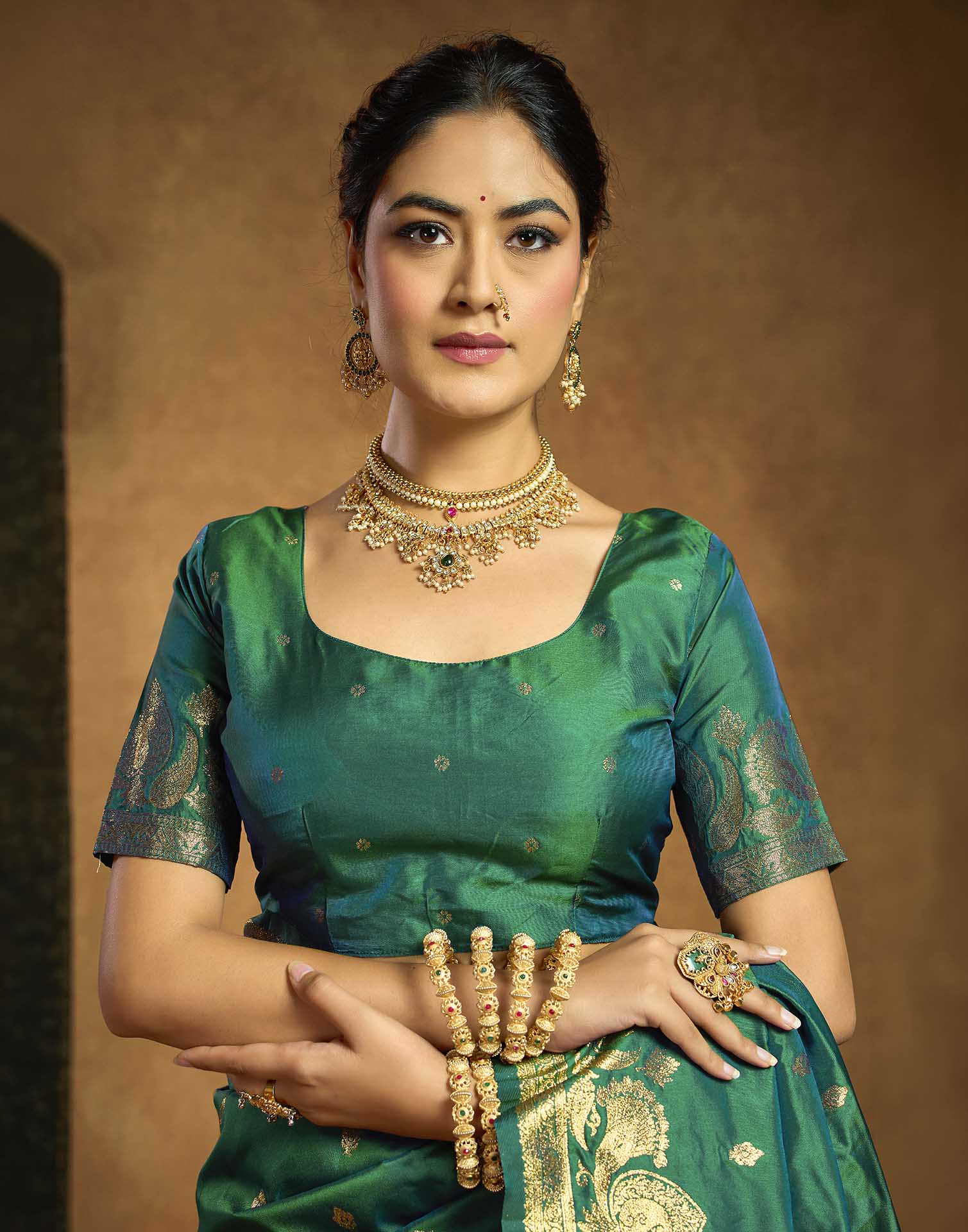 Bottle Green Silk Woven Banarasi Saree