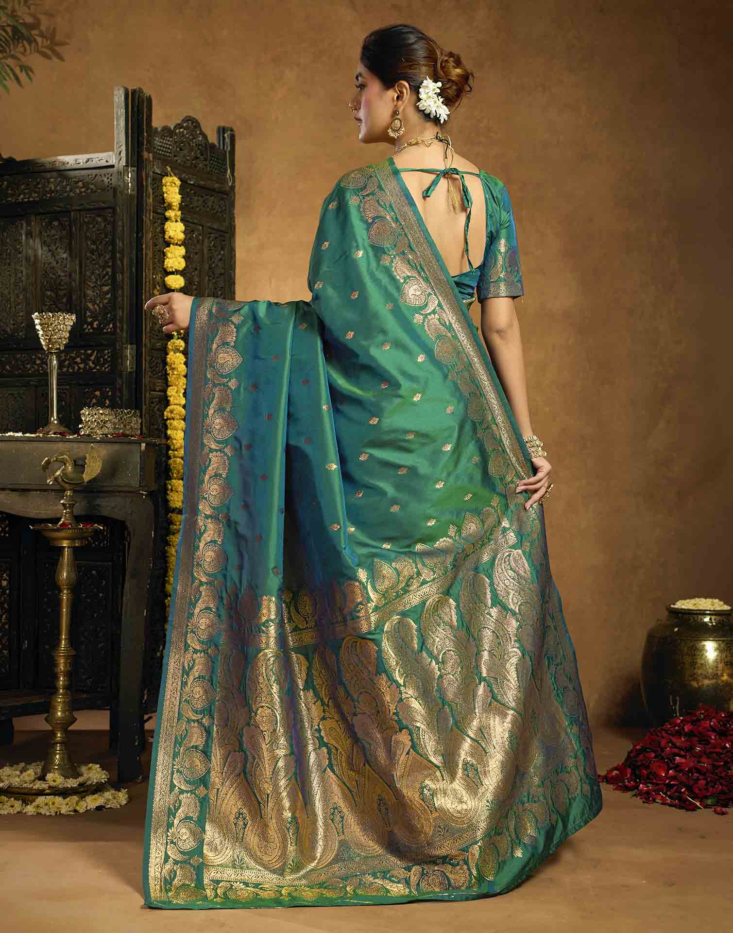 Bottle Green Silk Woven Banarasi Saree