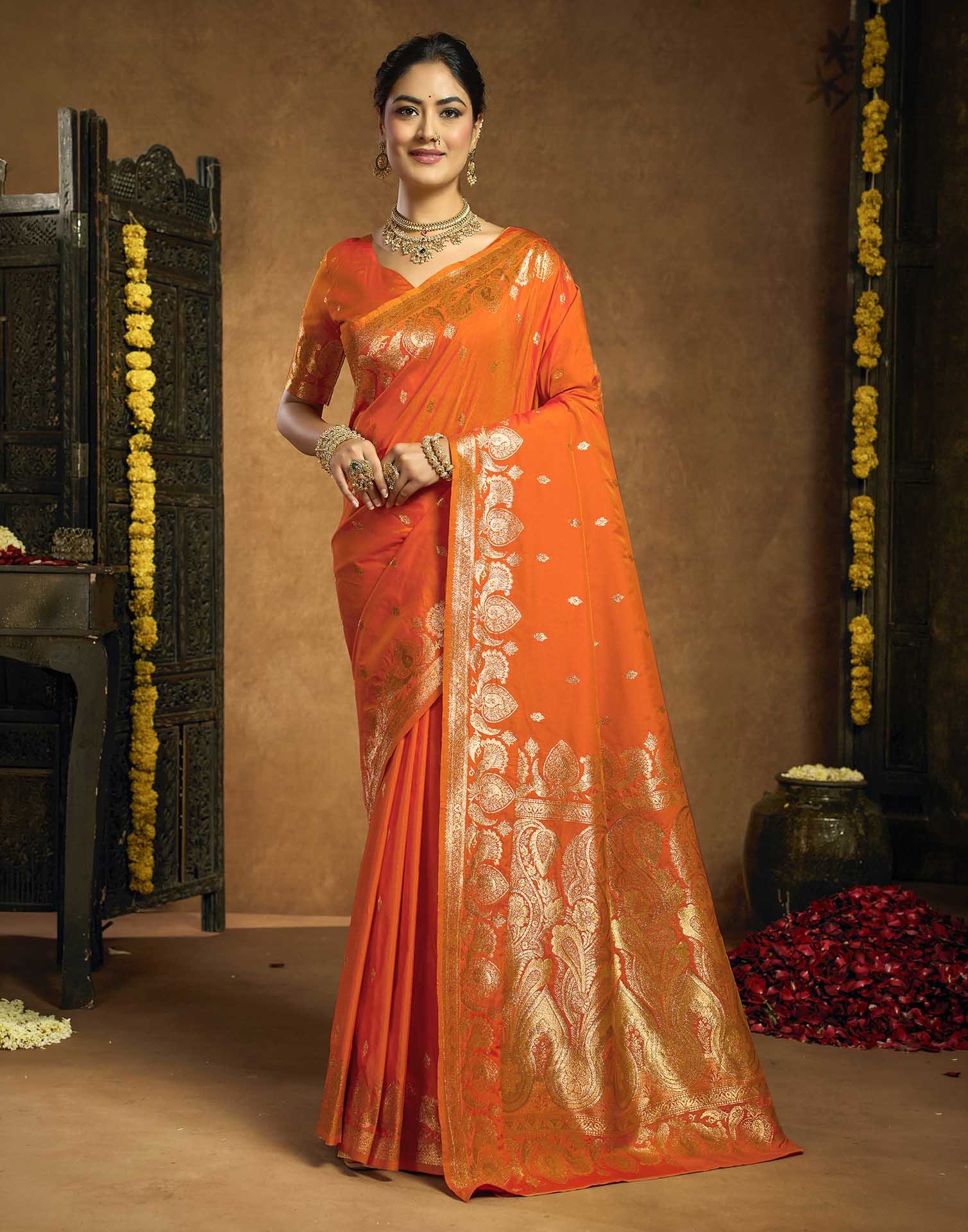 Orange Silk Woven Banarasi Saree