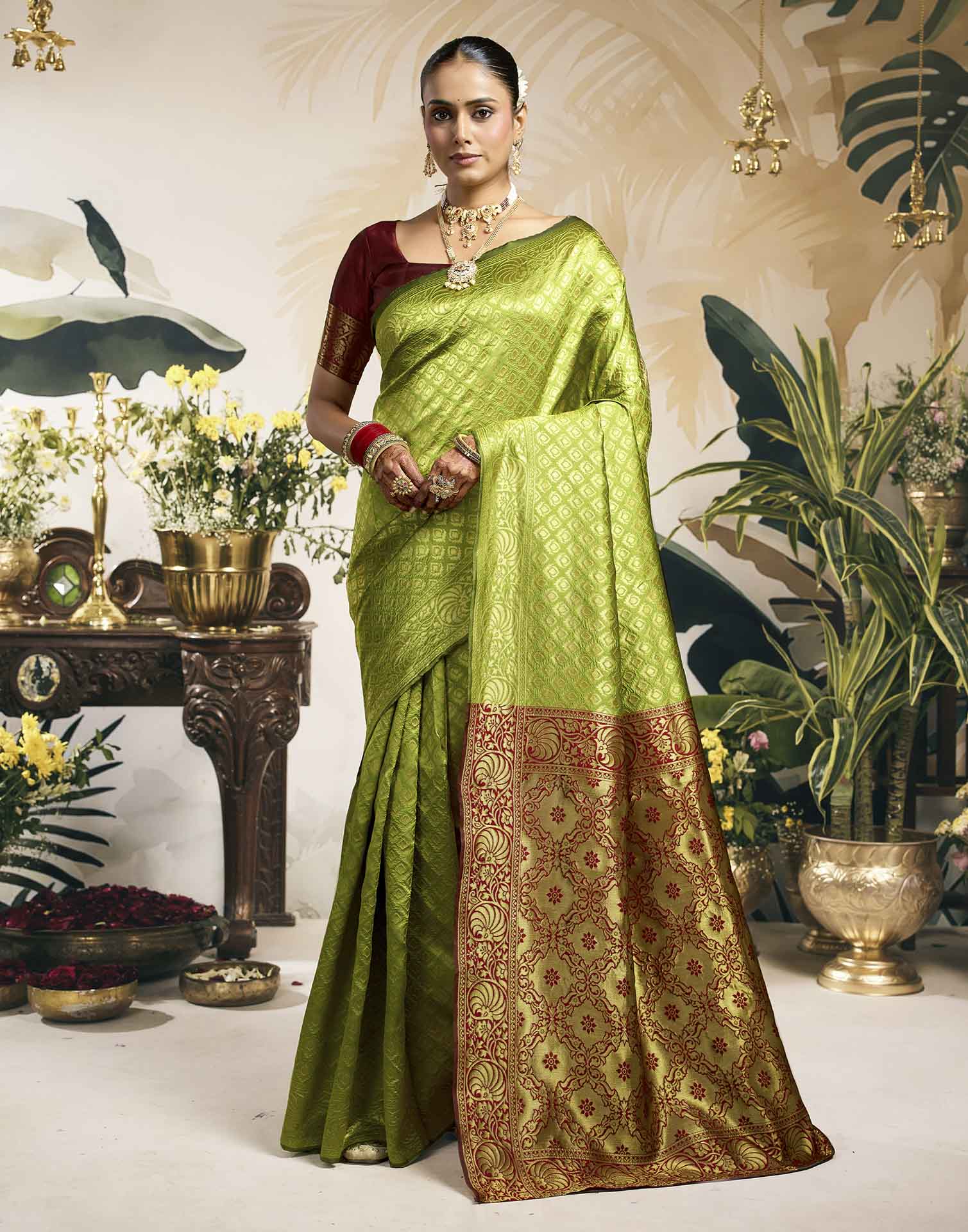 Parrot Green Silk Woven Banarasi Saree