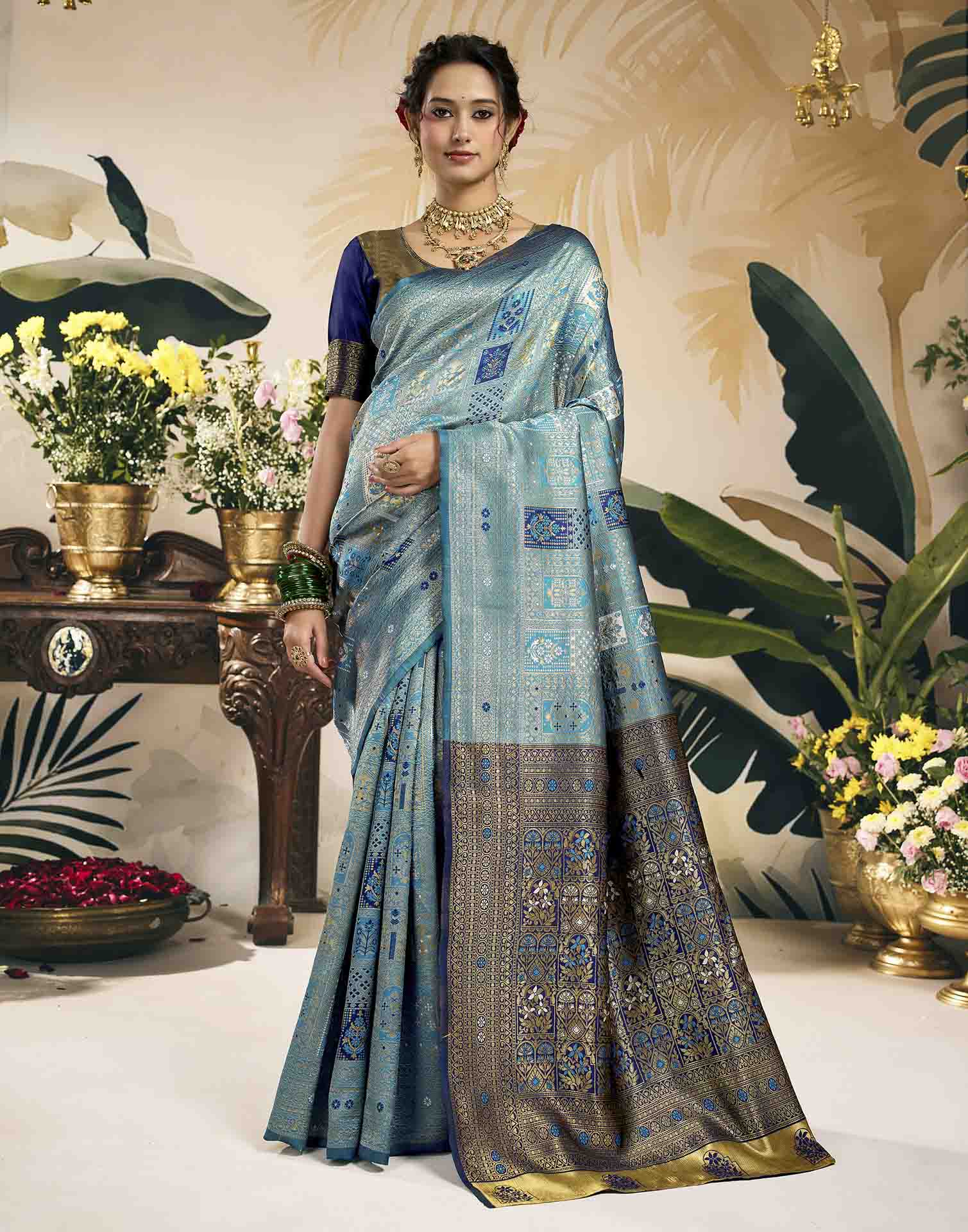 Sky Blue Silk Woven Banarasi Saree