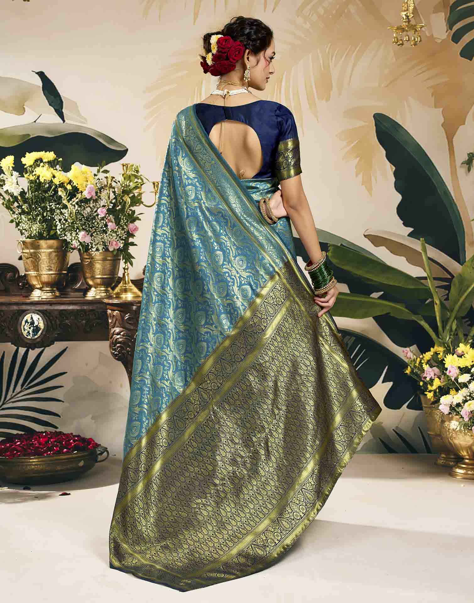 Sky Blue Silk Woven Banarasi Saree