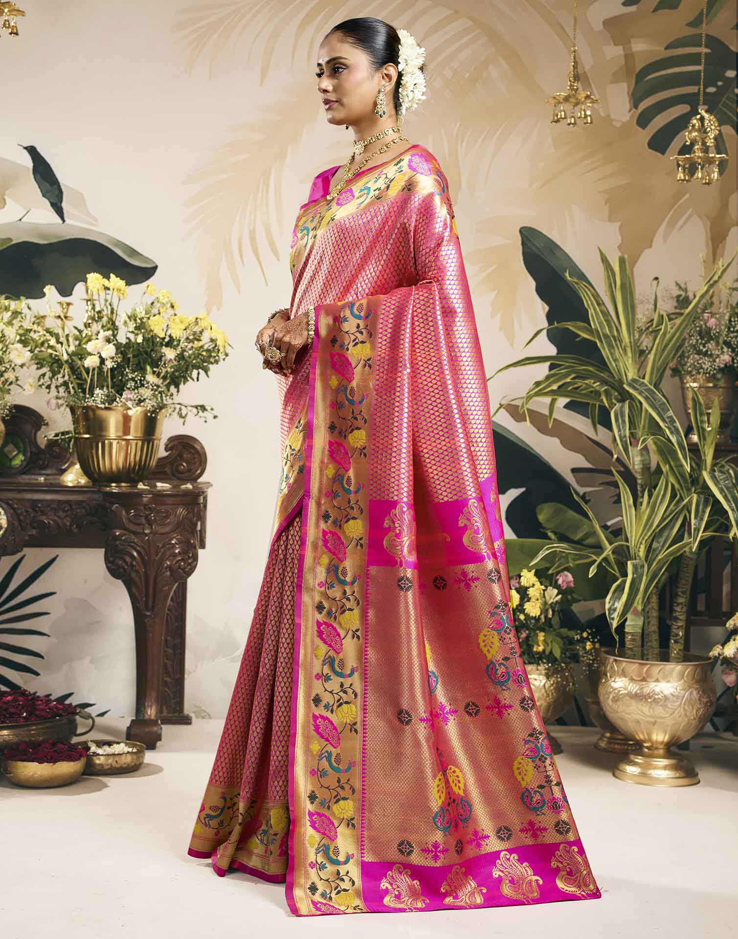Pink Silk Woven Banarasi Saree
