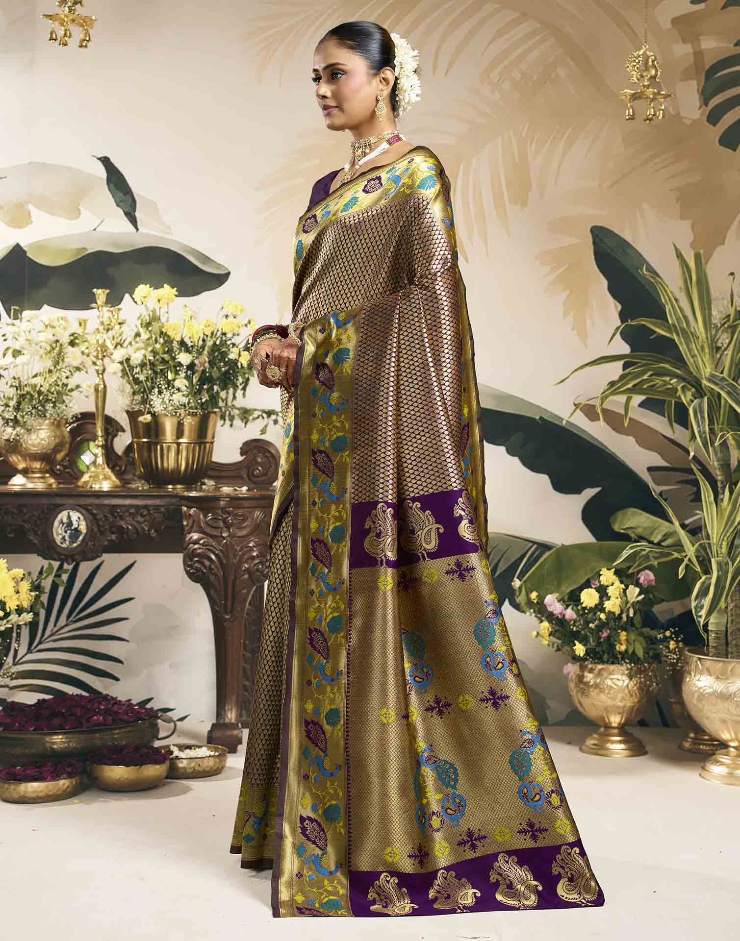 Wine Silk Woven Banarasi Saree