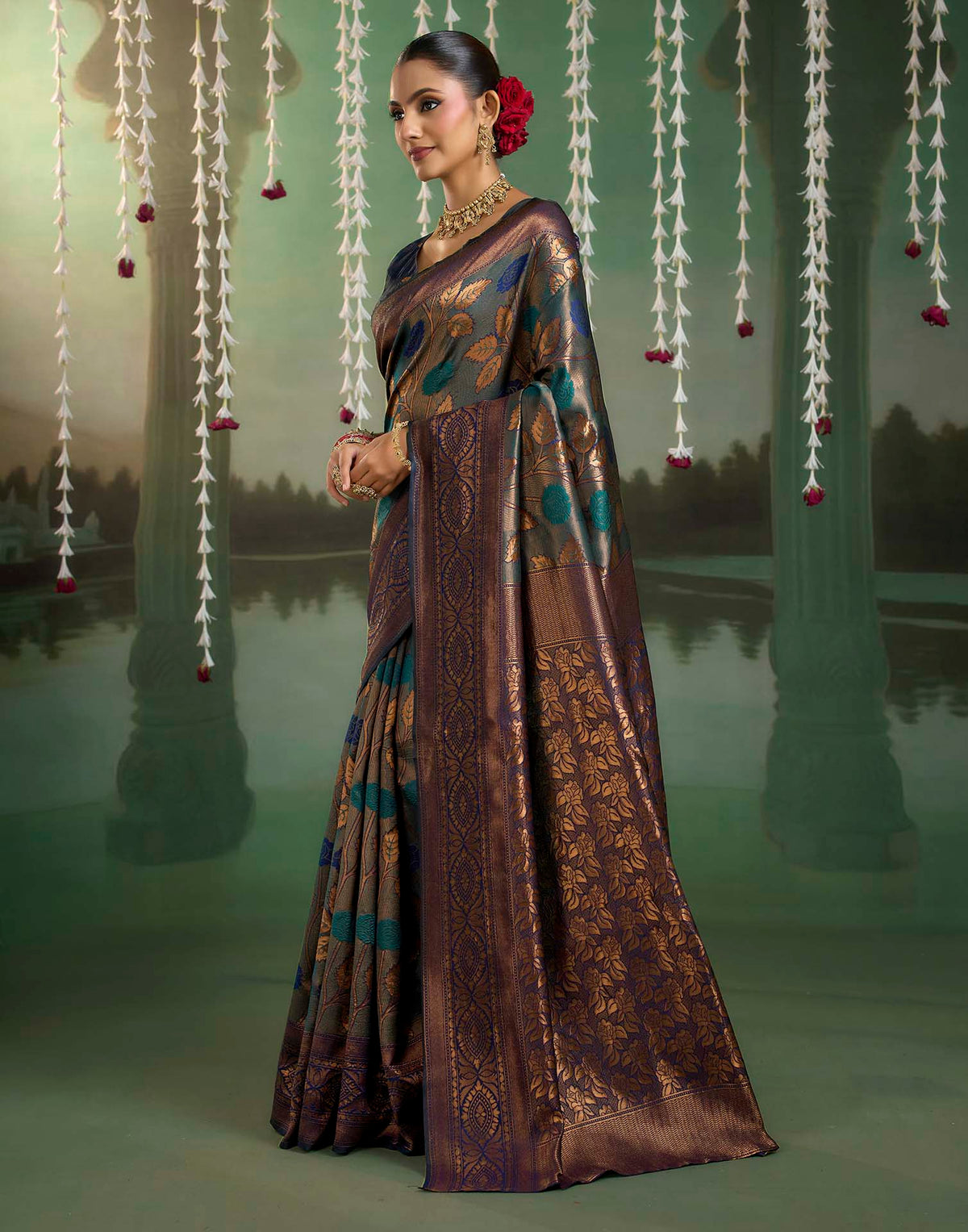 Charcoal Grey Silk Woven Banarasi Saree