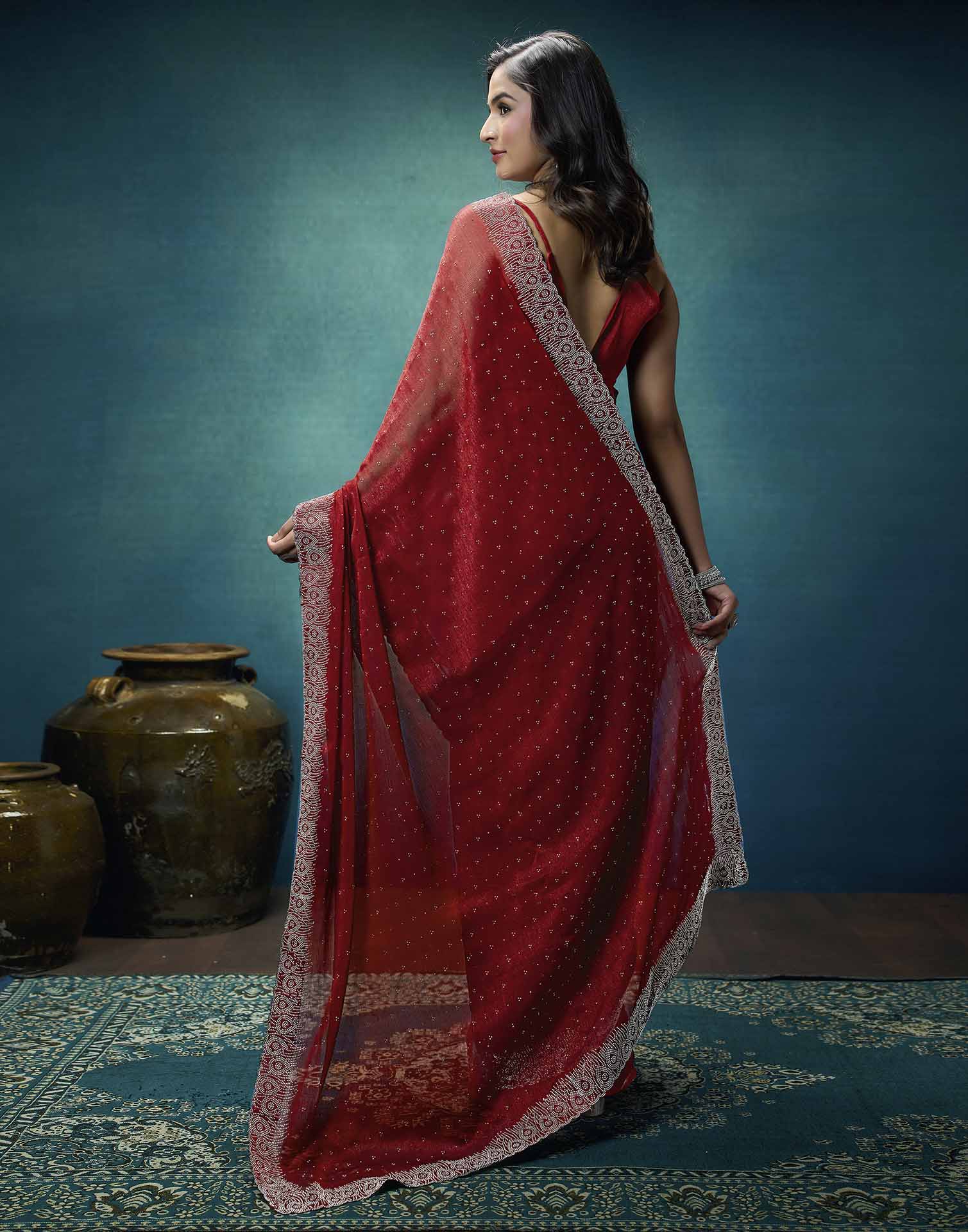 Rust Shimmer Stone Work Swarovski Saree