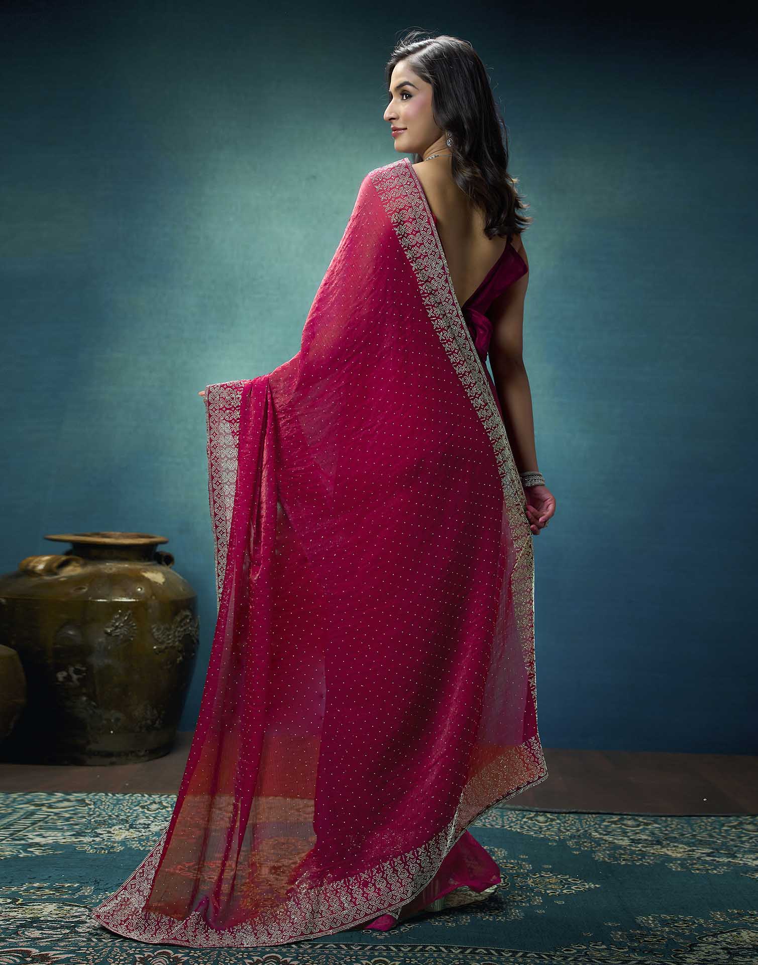 Rani Pink Shimmer Stone Work Swarovski Saree