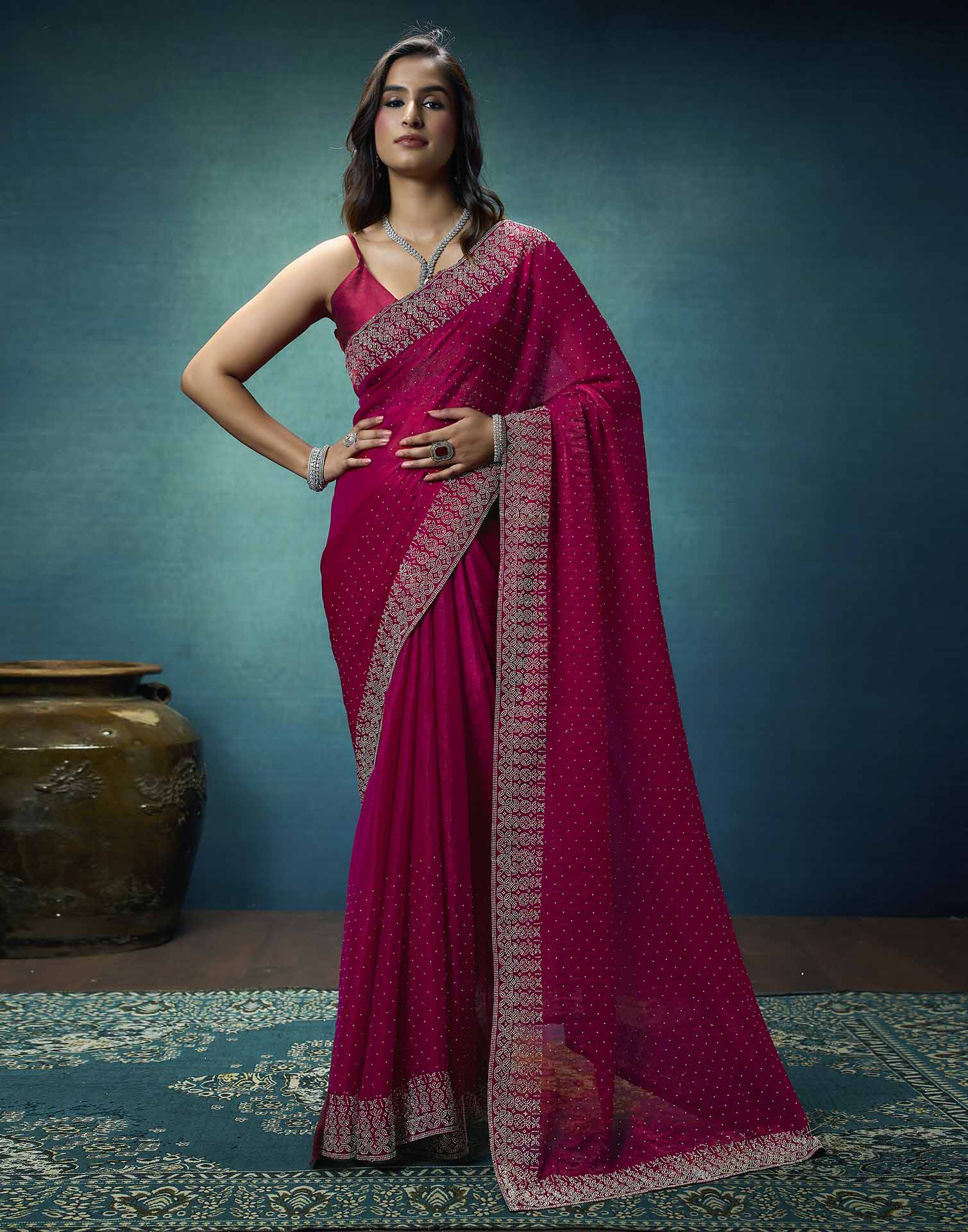 Rani Pink Shimmer Stone Work Swarovski Saree