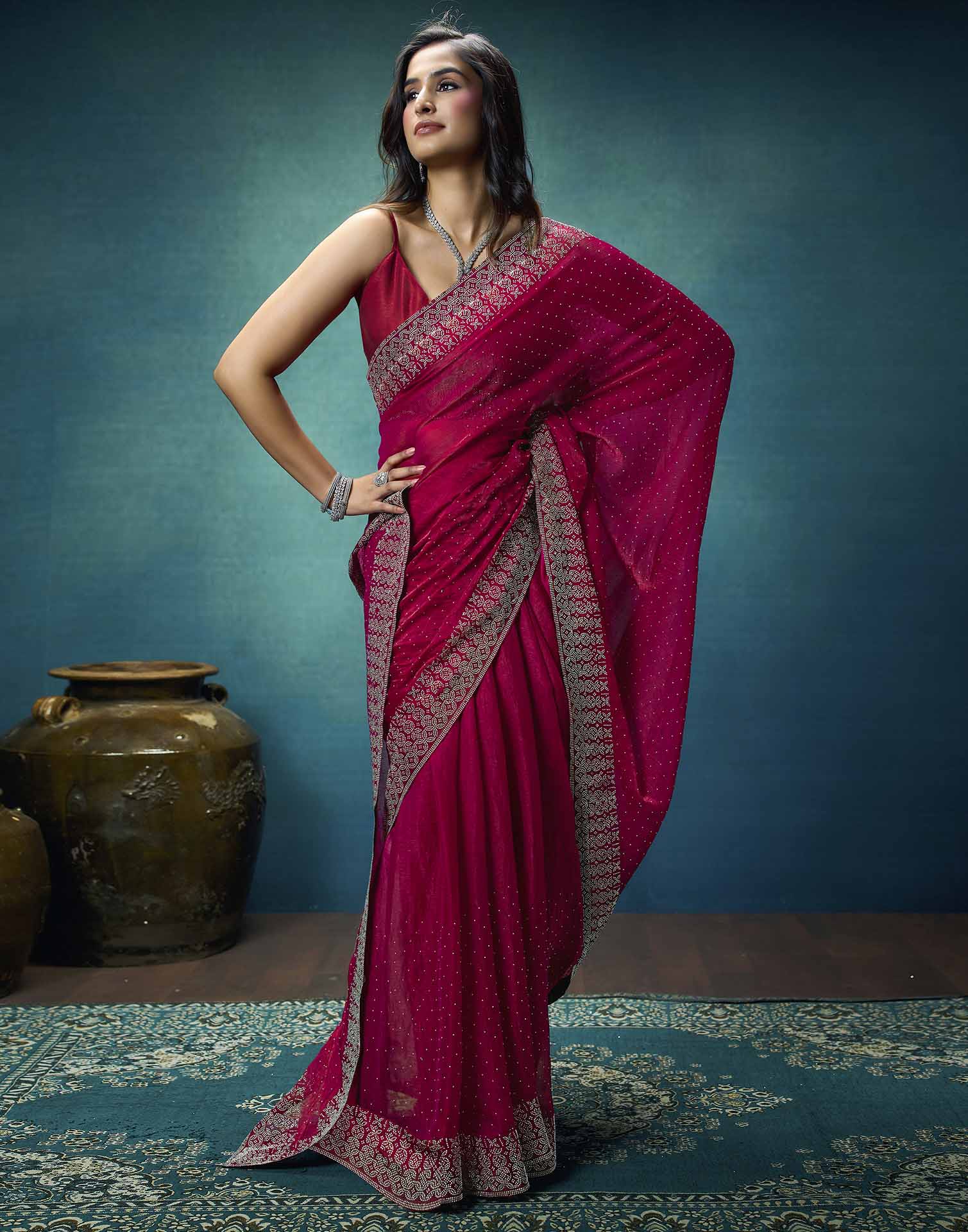 Rani Pink Shimmer Stone Work Swarovski Saree