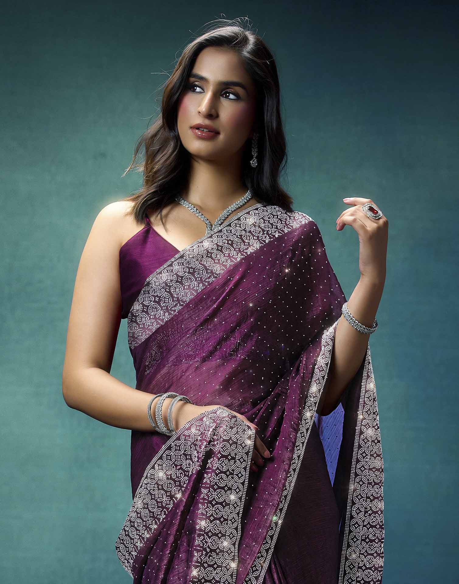 Purple Shimmer Stone Work Swarovski Saree